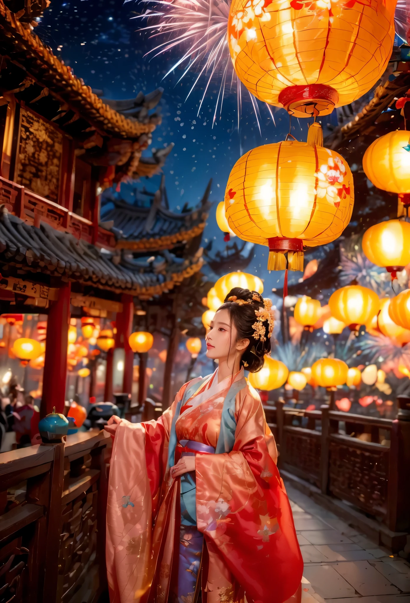 (Faraway view:1.9)，The beautiful(Shanghai Yu Garden)Celebrate New Year&#39;s Day New Year&#39;s Countdown，new year 2024，(fireworks in the night sky:1.8)，(((Hanging with many colorful arowana lanterns and decorations)))，((Gorgeous Yu Garden))，((Fireworks bloom))，Beautiful reflection of fireworks and lanterns，a joyful atmosphere，((韩国女孩在Shanghai Yu Garden灯会展示她最美的红色汉服时尚舞蹈))，(pedestrians)，Psychedelic stage，Ethereal atmosphere, (Anatomically correct, Delicate face makeup , pretty  face, The face shape is perfectly proportioned),（Advanced facial details:1.1）A collection of shiny blue luxury Hanfu dresses，Gorgeous Hanfu costumes and Hanfu beauties，真实感，Amazing Cleavage, 电影灯光, Sony FE , wide angles, first person perspective, 8K, hyper HD, tmasterpiece, acurate, ctextured skin, high detal, Best quality at best, Award-Awarded，Shoot from a distance，Sense of distance, hanfu，nsfw