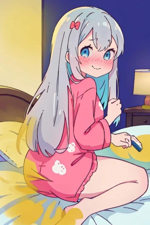 Best Quality, (masutepiece:1.2), Highly detailed, Indoors, Bedroom, on the beds, Izumi Taotong, 1girl in, Solo, Sitting, Upper body, from the front side, Looking at the viewer, Wavy mouth, nose blush, slight smile, Grey Hair, Long hair, multicolored hair, Blue eyes, Pink pajamas,women stink,Gas from the ass