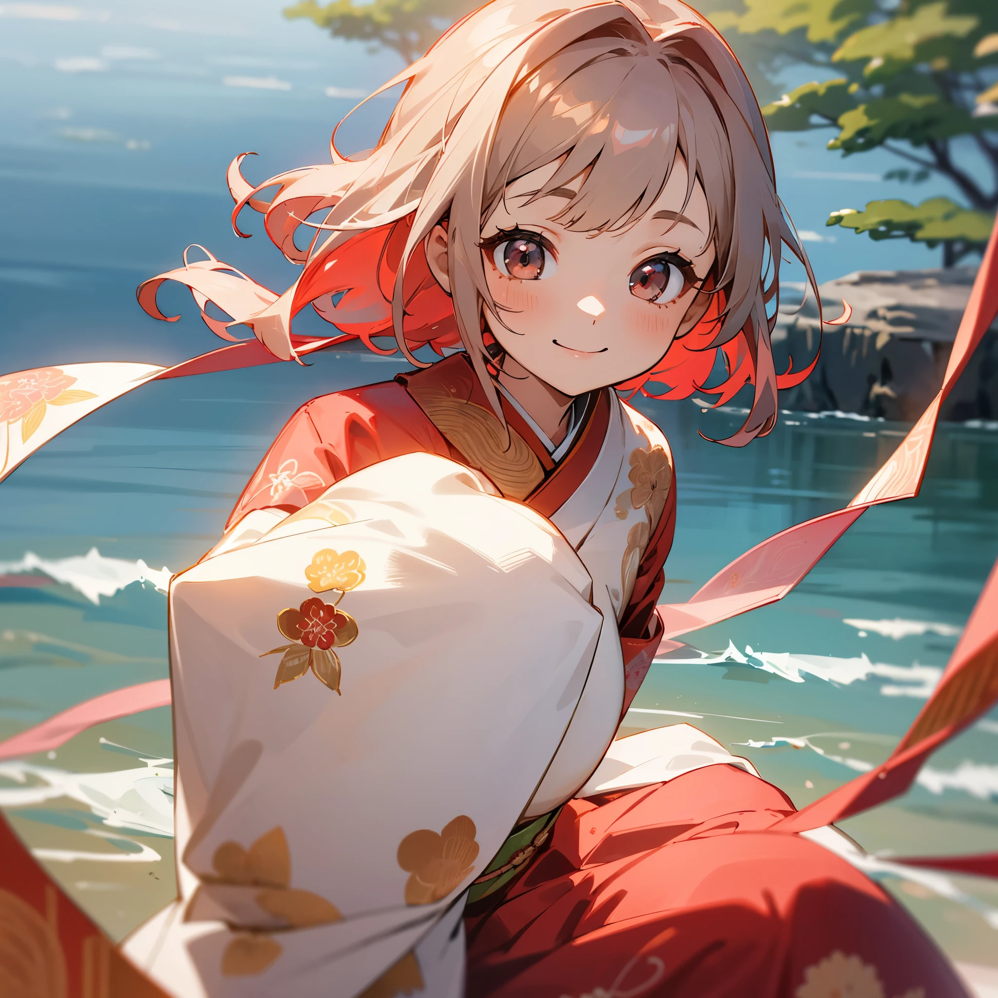 Best Quality 8k、 with beautiful face、A girl showing a kind and happy smile in a warm and gentle atmosphere、Two-color gradation hair: pale brown pink and water color、Beautiful red luxury Japanese style hair ornament、She wears a beautiful red long-sleeved kimono embroidered with gold and silver threads.、Japanese new year greetings