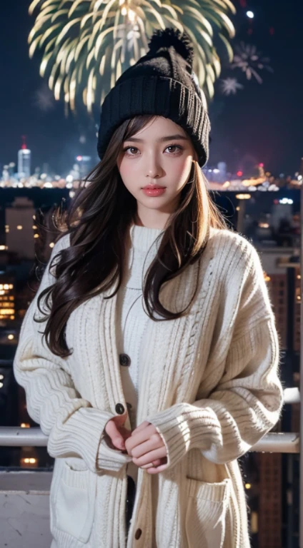 lofi relaxed one brunette girl with headphones walks in roof of a building in NYC,in roof of building. winter night. beautiful landscape of NYC with statue of liberty, (fireworks:1.2) in night sky. travel. tourist. sweater, gloves, winter hat. long hair. new year eve,