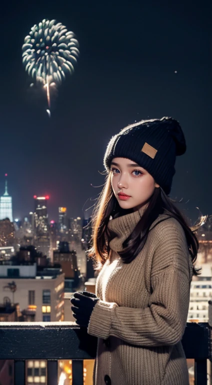 lofi relaxed one brunette girl with headphones walks in roof of a building in NYC,in roof of building. winter night. beautiful landscape of NYC with statue of liberty, (fireworks:1.2) in night sky. travel. tourist. sweater, gloves, winter hat. long hair. new year eve,