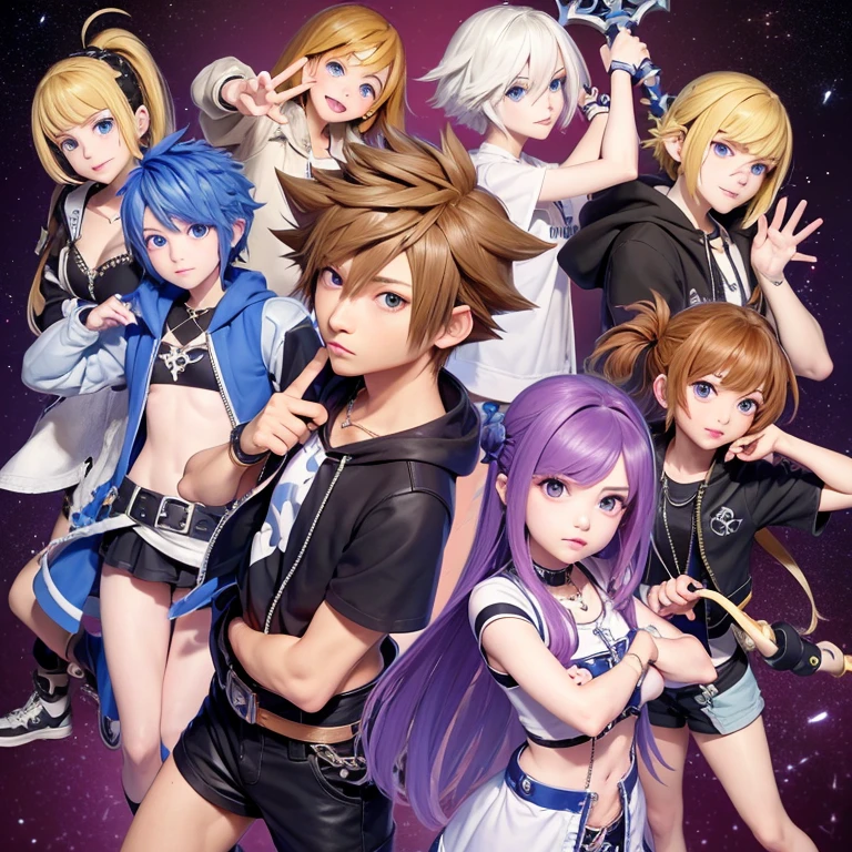 Kingdom Hearts Inspired, Kingdom Hearts clothing Birth by Sleep design, Kingdom Hearts Ventus Inspired, Kingdom Hearts Aqua Inspired, Kingdom Hearts Terra Inspired, Astrology inspired Design, Female, young female, teenager, young , pale olive skin, brown hair, messy hair, long hair, hazel eyes, tired eyes, Action pose, Fighting pose, Kingdom Hearts inspired pose, Kingdom Hearts Keyblade, Astrology inspired Keyblade, Loose Jacket, Baggy Jacket, Kingdom Hearts Ventus Inspired Pose, Holding a Keyblade, One person