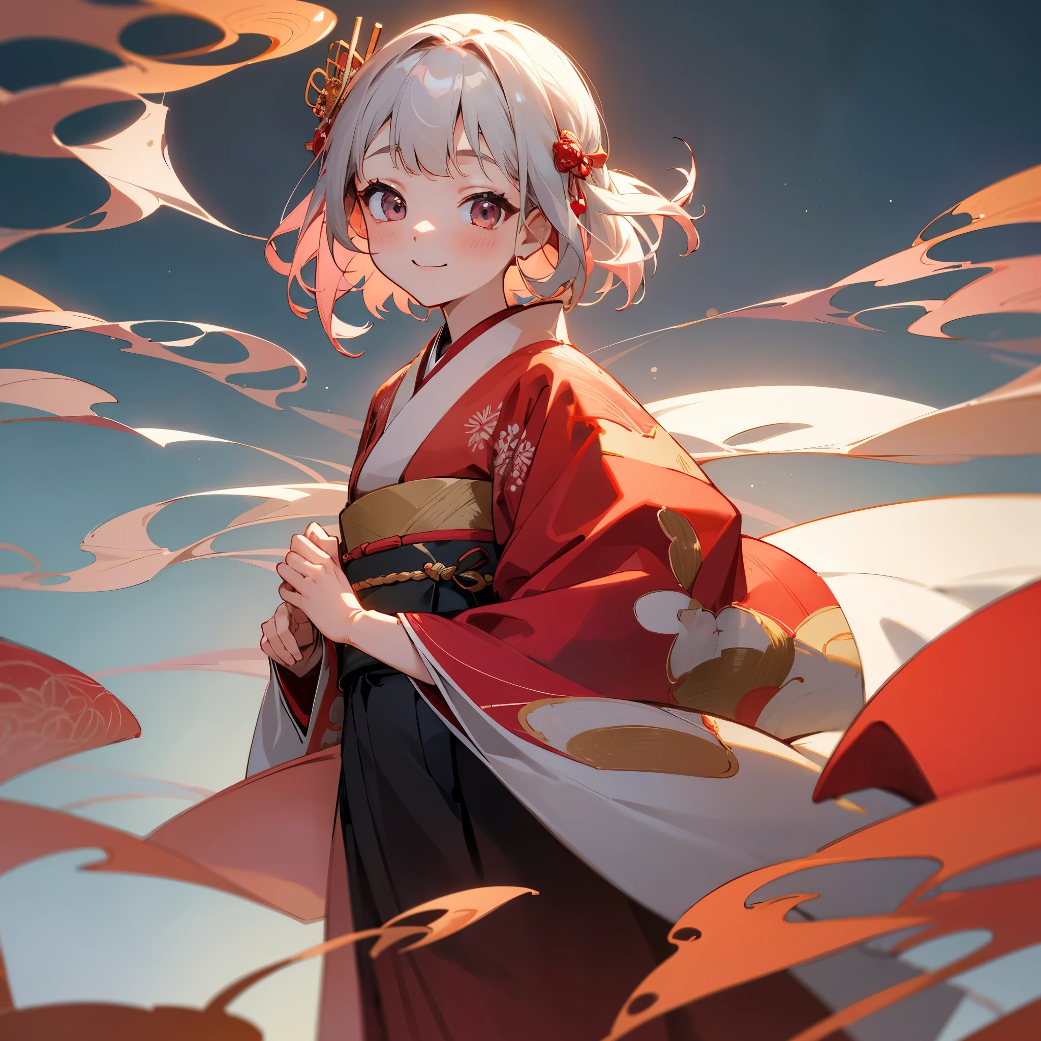 Best Quality 8k、 with beautiful face、A girl showing a kind and happy smile in a warm and gentle atmosphere、Two-color gradation hair: pale brown pink and water color、Beautiful red luxury Japanese style hair ornament、She wears a beautiful red long-sleeved kimono embroidered with gold and silver threads.、Japanese new year greetings