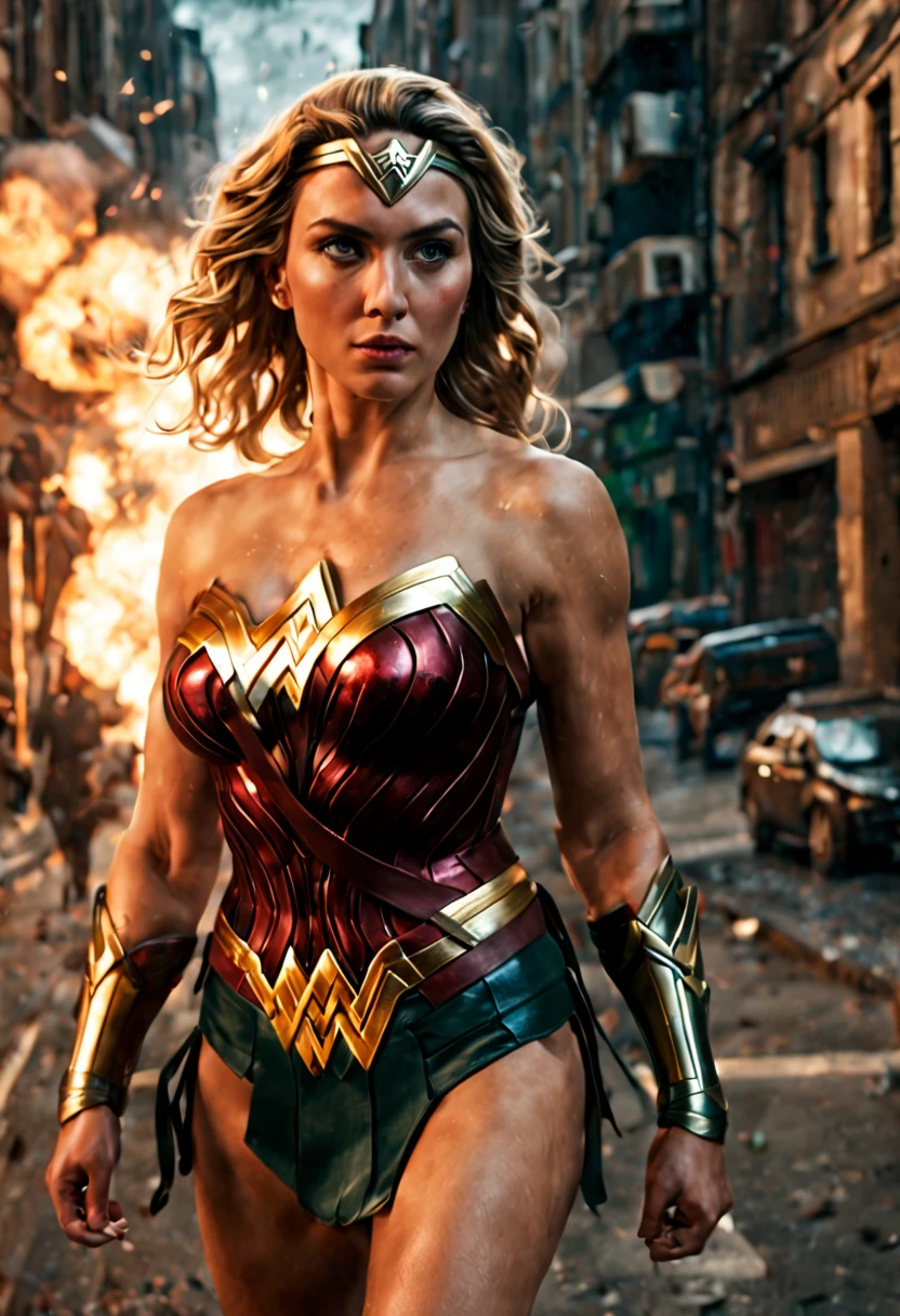 Generate a highly detailed, realistic panoramic shot of a 30-year-old, 2 meters tall, athletic woman with blonde hair and green eyes. She is walking with determination along a night street. She is dressed in the sexy Wonder Woman outfit. The scene should depict her walking angrily with a determined expression. Behind her, highlight the explosion of a building in the distance through the lighting. The picture should be realistic, emphasizing her anger and determination. The medium should be digital.