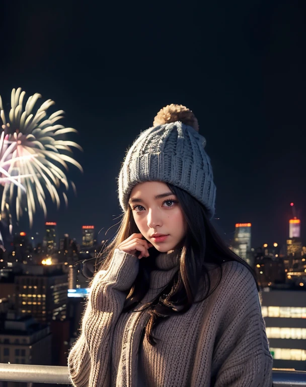 lofi relaxed one brunette girl with headphones walks in roof of a building in NYC,in roof of building. winter night. beautiful landscape of NYC with statue of liberty, (fireworks:1.2) in night sky. travel. tourist. sweater, gloves, winter hat. long hair. new year eve,