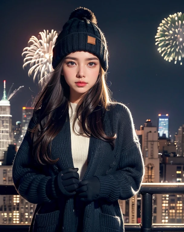 lofi relaxed one brunette girl with headphones walks in roof of a building in NYC,in roof of building. winter night. beautiful landscape of NYC with statue of liberty, (fireworks:1.2) in night sky. travel. tourist. sweater, gloves, winter hat. long hair. new year eve,
