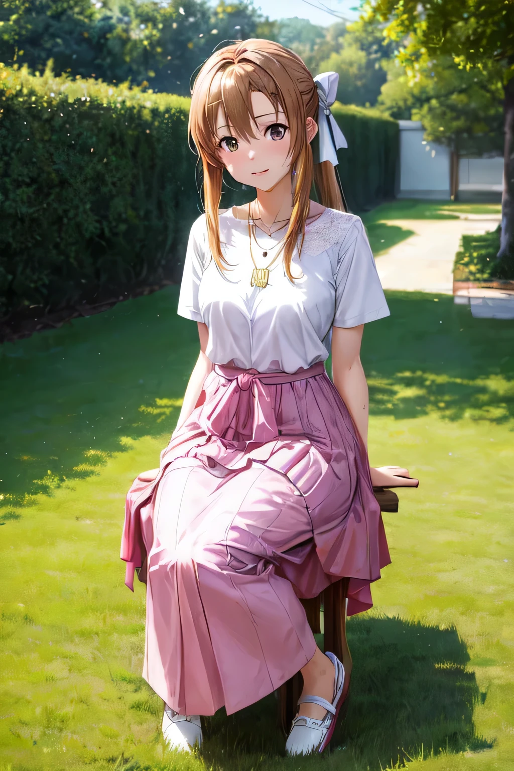 Asuna Yuki(Sword Art Online)full-body photo of a、[Alone:1.1]、[Empty-handed:1.1]、The face is a high quality anime、Round face、Spoiled face、[a small face:1.1]、[high resolution of eyes:1.2]、[eyes are super accurate:1.2]、[3D images:1.35]、[NSFW:0.5]、her face has very soft skin、de pele branca、[Asuna with cute brown eyes:2]、slightly drooping eyes、[eyes are small:1.5]、[The eyes are very transparent1.1]、Excellent style、身long 163cm、Medium、Vital statistics 80cm、waist: 59 cm、Hip 82cm)]、[The breasts are of high quality and real:1.2]、[Good chest tension:1.1]、[Good breast shape:1.1]、[Narrow cleavage:1.3]、[areola is small:1.2]、[nipple color is pale pink,:1.2]、Brown hair color、Pink cheeks、long、Hairstyle is straight、thin arm、sit on grass、a necklace、super cute date clothes、Lace Shirt、a long length skirt、white and pink coordination、Mass sweat、large ribbon on the chest