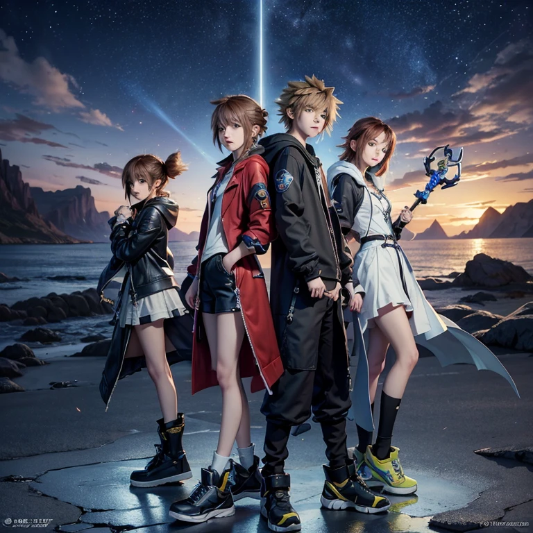 Kingdom Hearts Inspired, Kingdom Hearts clothing Birth by Sleep design, Kingdom Hearts Ventus Inspired, Kingdom Hearts Aqua Inspired, Kingdom Hearts Terra Inspired, Astrology inspired Design, Female, young female, teenager, young , pale olive skin, brown hair, messy hair, long hair, hazel eyes, tired eyes, Kingdom Hearts inspired pose, Kingdom Hearts Keyblade, Astrology inspired Keyblade, Loose Jacket, Baggy Jacket, Kingdom Hearts Ventus Inspired Pose, Holding a Keyblade, One person