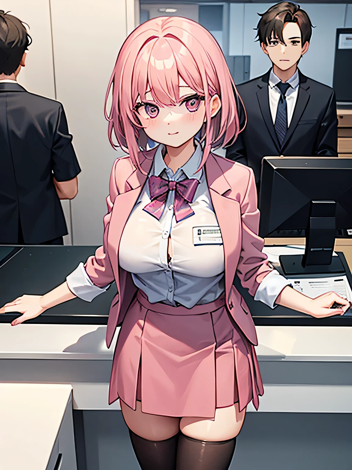 1,the woman is behind the counter、Men are huddled in front of the counter.
2,the woman is the receptionist, She is wearing a pink blazer and a pink skirt., And she treats men in a friendly manner.. 3,The man is an employee of the company, they are calling out to the receptionist.
3,One of the men is an employee of the company, and he invites the receptionist along.
4,The location is the company&#39;s large reception counter., The company logo is written in large letters on the back wall..