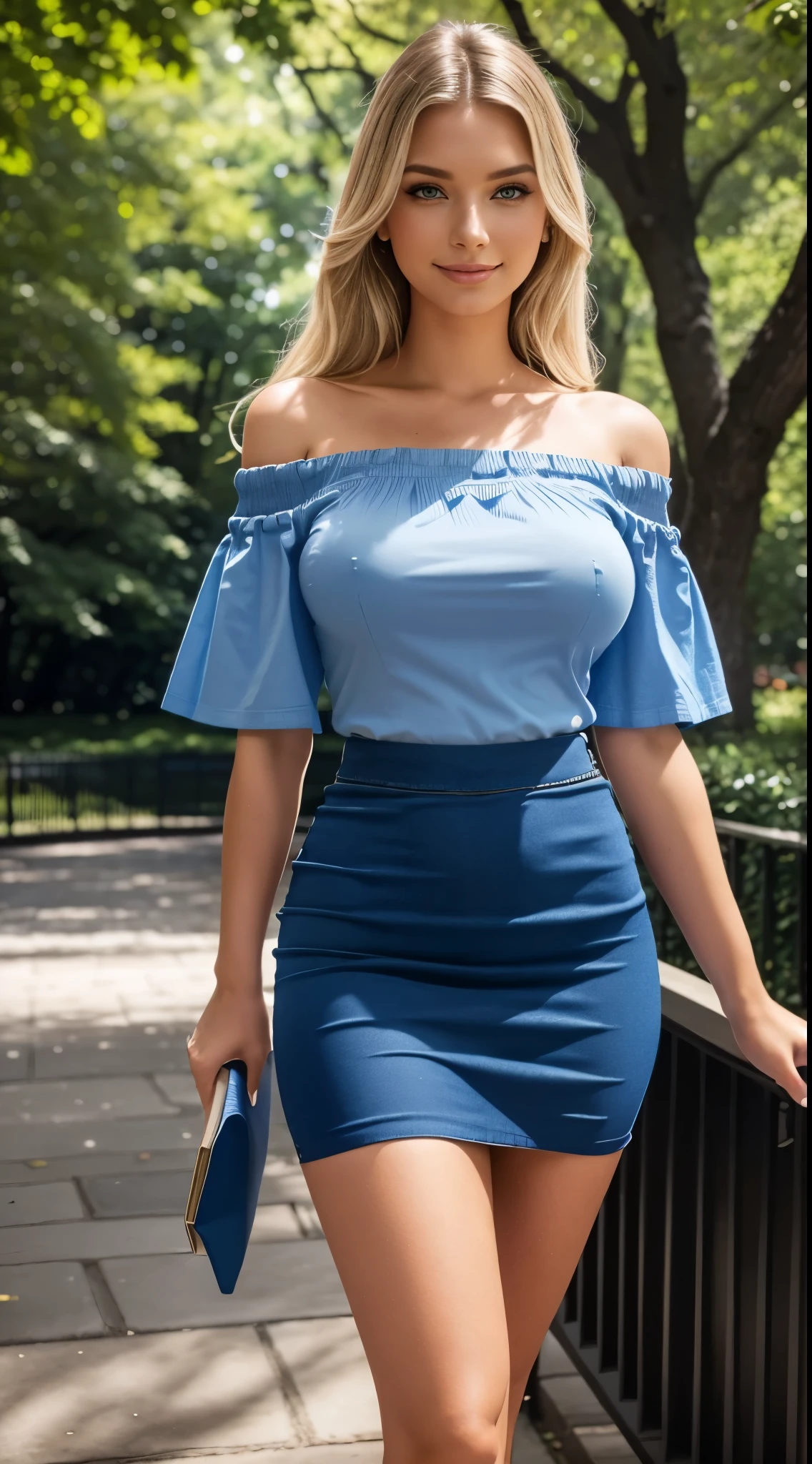 Foto hiperrealista en primer plano de Emily Sears, masterpiece, best quality, (photorealistic:1.4), full body, (blue off-the-shoulder short sleeves blouse:1.2), and (blue midi midi pencil cotton skirt:1.2), bare legs, New York Central Park, cinematic light, beautiful woman, skinny, large big breasts, straight blond hair, detailed face, smile, facing the camera, photo taken from a distance, age of 20 years old,