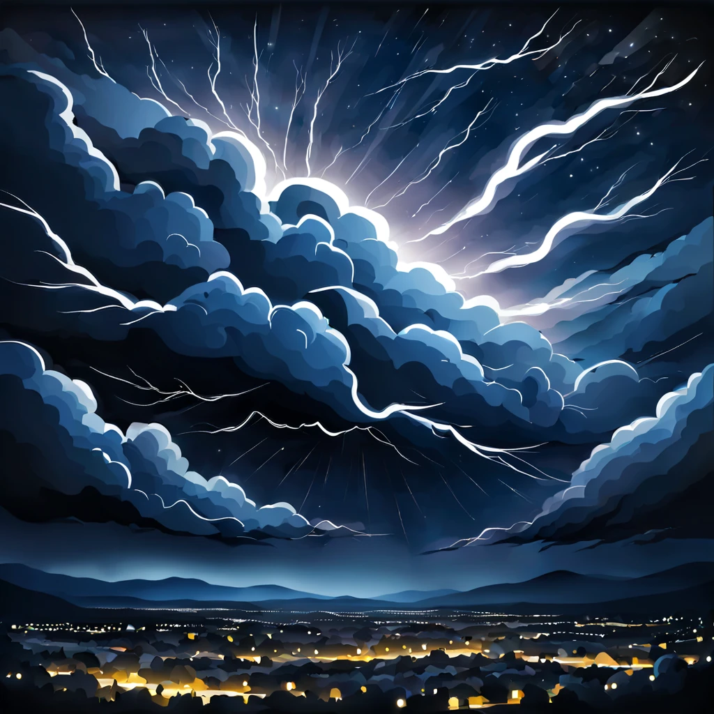 Storm flying high in the night sky, in modern art style, background night