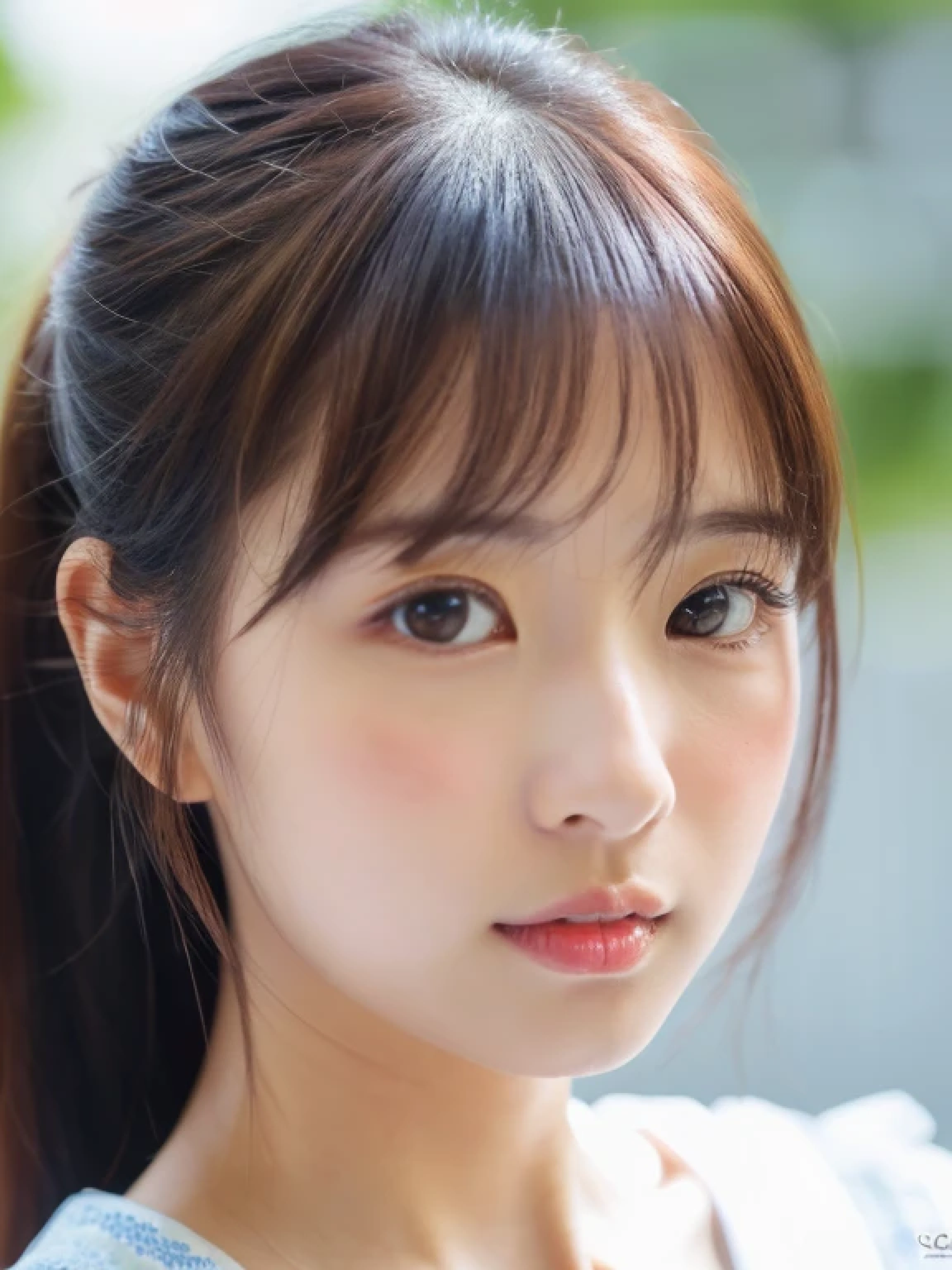 ((cute little日本の女の子、Beautiful japanese girl、1 girl in、Unclear、age19、poneyTail、Highly detailed facial and skin texture、refinement、hyperdetailed face、ultradetailed eyes、blusher、blush、teak、ピンクのteakを塗った頬、close-up of woman、bustup、frontageを向いている顔、frontageを向いている体、Looking at the camera、frontage、cute little、smooth white skin、Transparent skin texture、))、(dark brown hair、bangss)、Beautiful Women in Perfect Style:1.4、Japanese Models、Young gravure idols、若いcute littleグラビアアイドル、Realistic Young Gravure Idol、refinementされたグラビアアイドル、((top-quality、in 8K、masterpiece:1.3、1Photo))、(4K、RAW Photography、top-quality)、(reallistic、フォトreallistic:1.37)、Place a person on the other side of the screen、natural soft light、upper body and head、