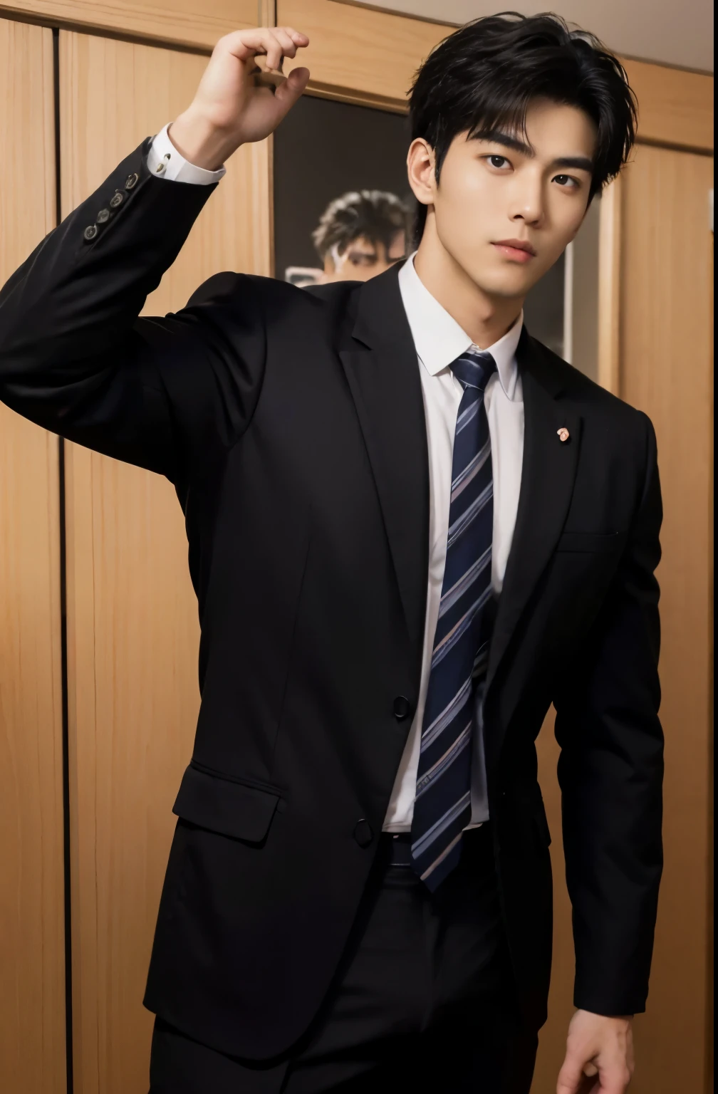 1 handsome Japanese guy,27years old,Corporate executives,wearing black uniform,Wear a light-colored tie,tall,Muscular,Muscles look good,hairy bodies,with fair skin,黑The eye(thin eyes 1:3),fully body photo