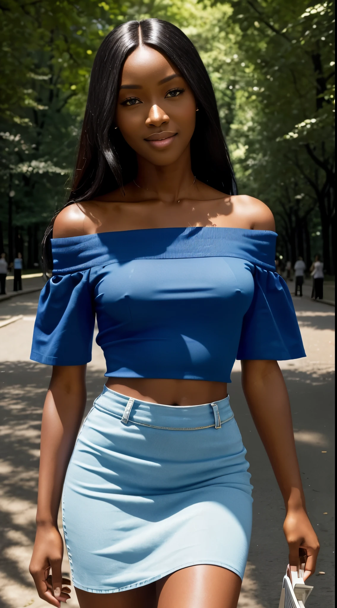 Foto hiperrealista en primer plano de Naomi Campbell, masterpiece, best quality, (photorealistic:1.4), full body, (blue off-the-shoulder short sleeves blouse:1.2), and (blue midi midi pencil cotton skirt:1.2), bare legs, New York Central Park,  cinematic light, beautiful woman, skinny, medium breasts, black long hair, detailed face, smile, facing the camera, photo taken from a distance, age of ************