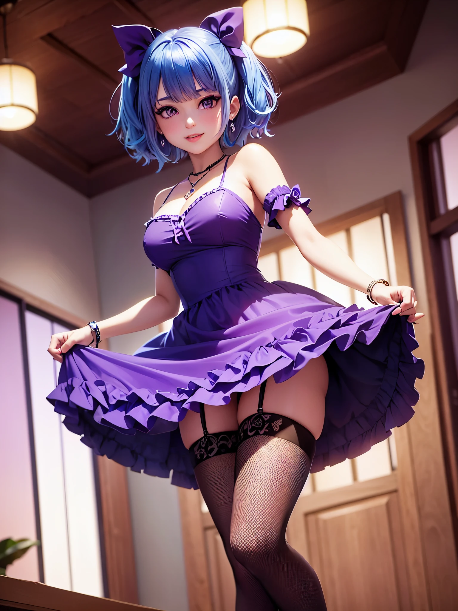 1girl, bangs, blue hair, bow, box, bracelet, new year party, cowboy shot, dress, earrings, fishnets, jewelry, looking at viewer, multicolored hair, necklace, pantyhose, parted lips, purple eyes, red dress, ribbon, rose, short hair, smile, solo, thighhighs, standing in front of couch