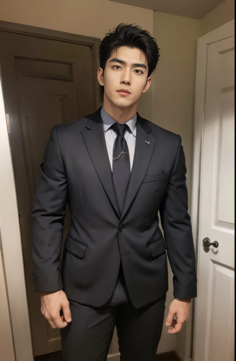 1 handsome Japanese guy,27years old,Corporate executives,Dress shirts and ties, Business attire, Professional Dress, Prepare for the meeting, Handsome and elegant, Wearing a black and gray suit, Sexy masculine, in blouse wearing, Masculine and handsome,musculous,Muscles look good,hairy bodies,with fair skin,黑The eye(thin eyes 1:3),Full body photo