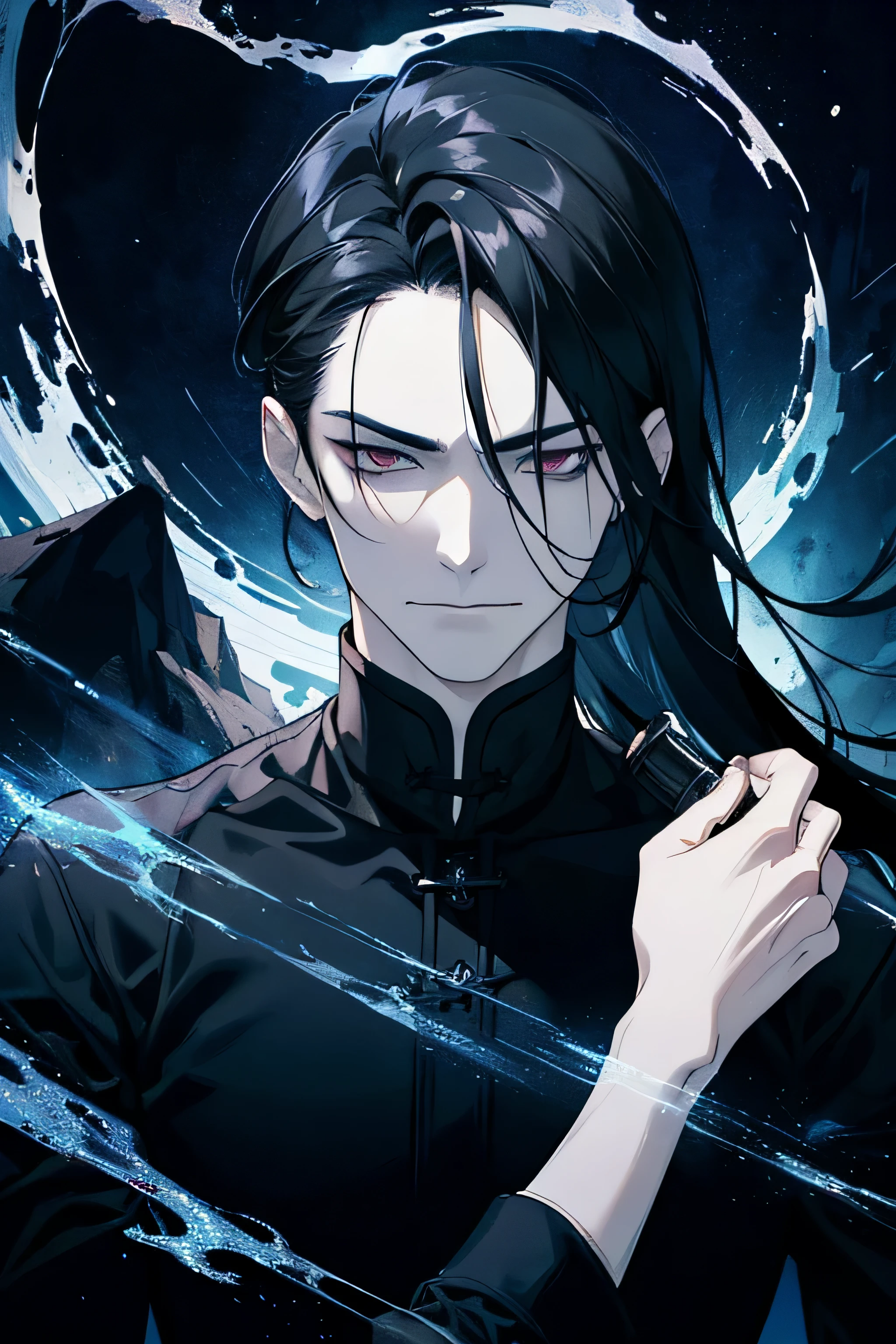 Masterpiece, Best quality, 1 homme, adulte, 25 ans, mauvais look, mauvais smile, mauvais, yeux blancs, Dark Hair, cheveux longs, front plie, visage vicieux, dark themed, In space, Face avant, Brouillard flottant autour des personnages, mains libres, (Haut du corps)