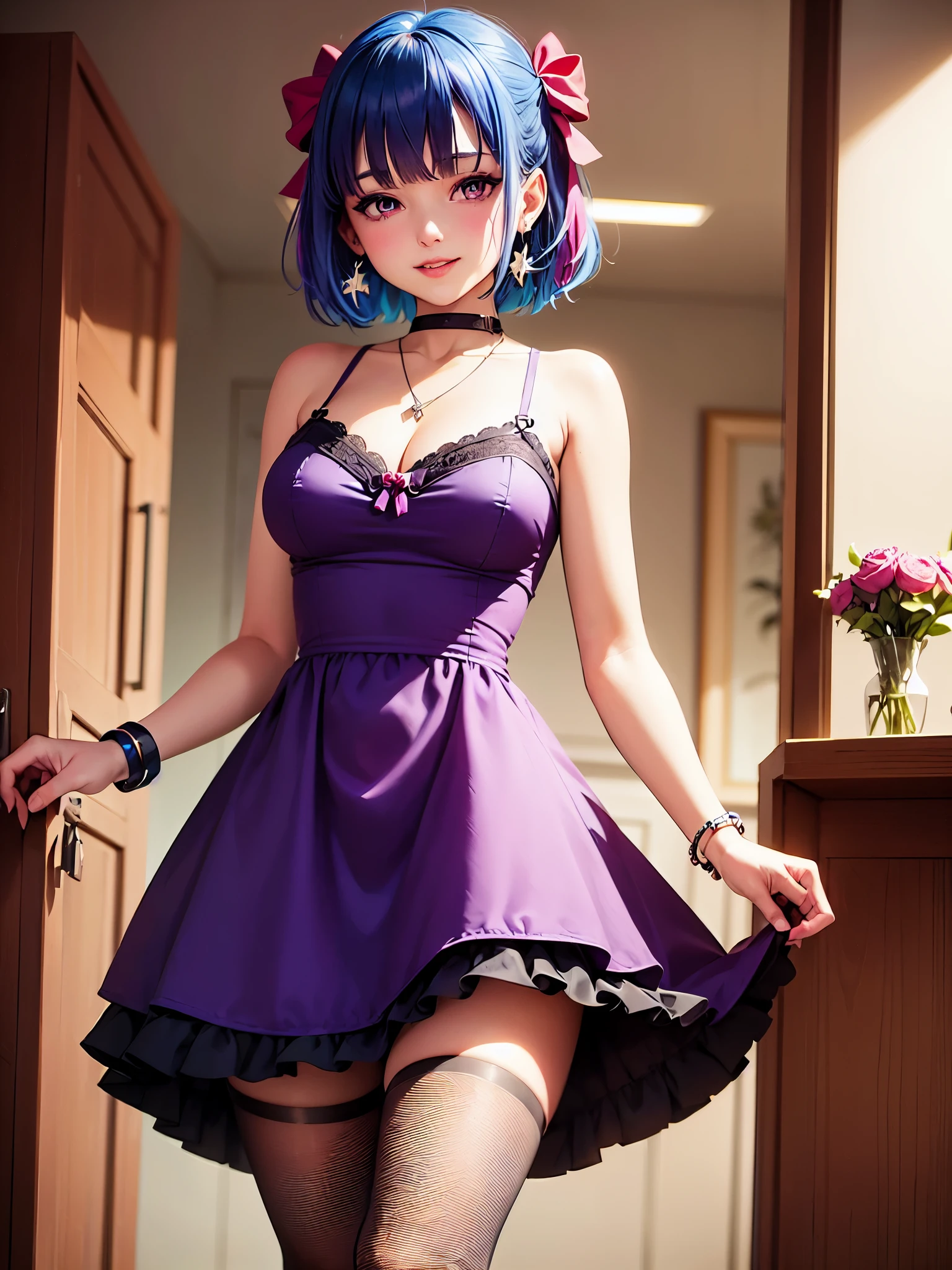 1girl, bangs, blue hair, bow, box, bracelet, new year party, cowboy shot, dress, earrings, fishnets, jewelry, looking at viewer, multicolored hair, necklace, pantyhose, parted lips, purple eyes, red dress, ribbon, rose, short hair, smile, solo, thighhighs, standing in front of couch