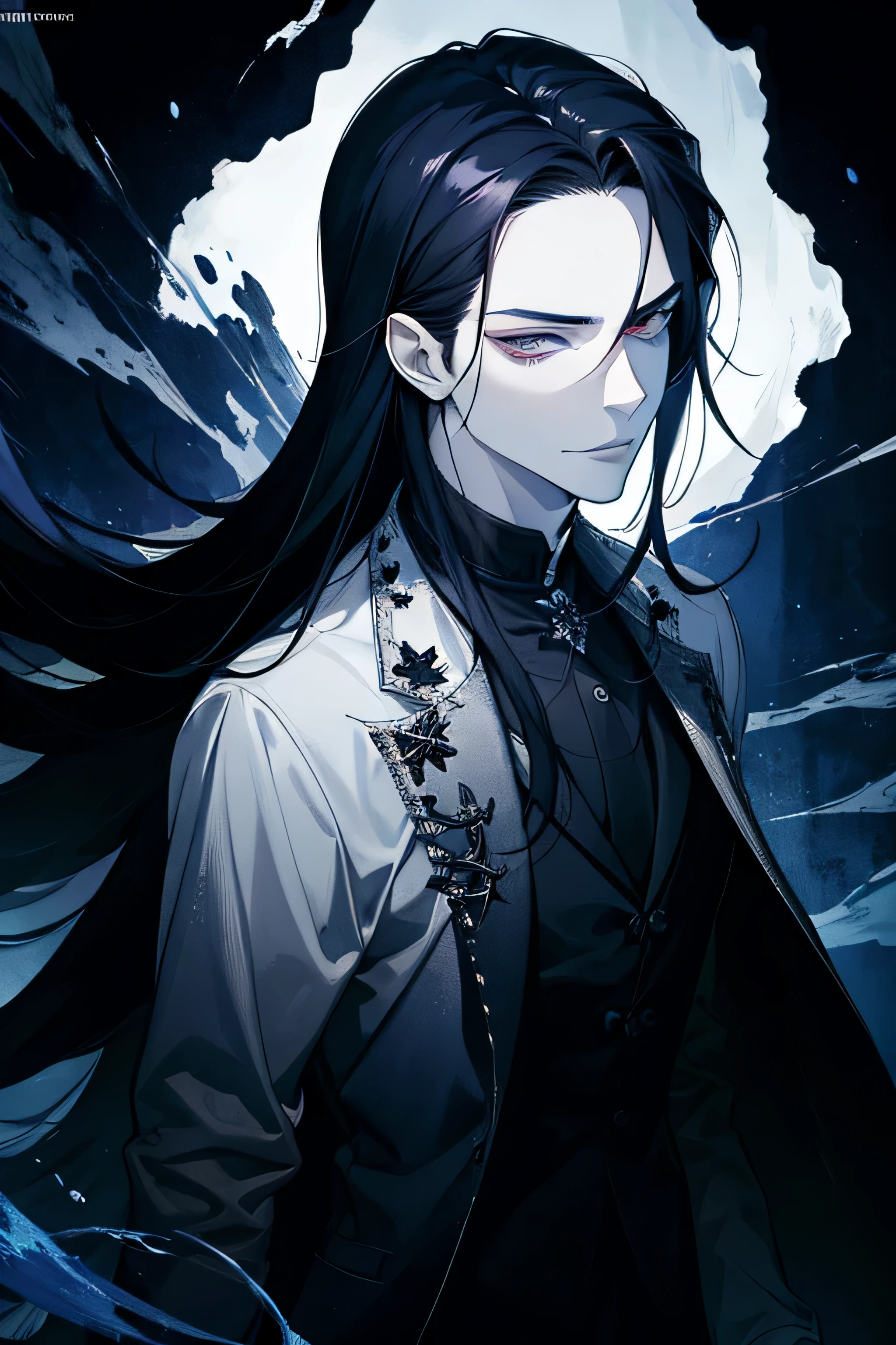 Masterpiece, Best quality, 1 homme, adulte, 25 ans, mauvais look, mauvais smile, mauvais, yeux blancs, Dark Hair, cheveux longs, front plie, visage vicieux, dark themed, In space, Face avant, Brouillard flottant autour des personnages, mains libres, (Haut du corps)
