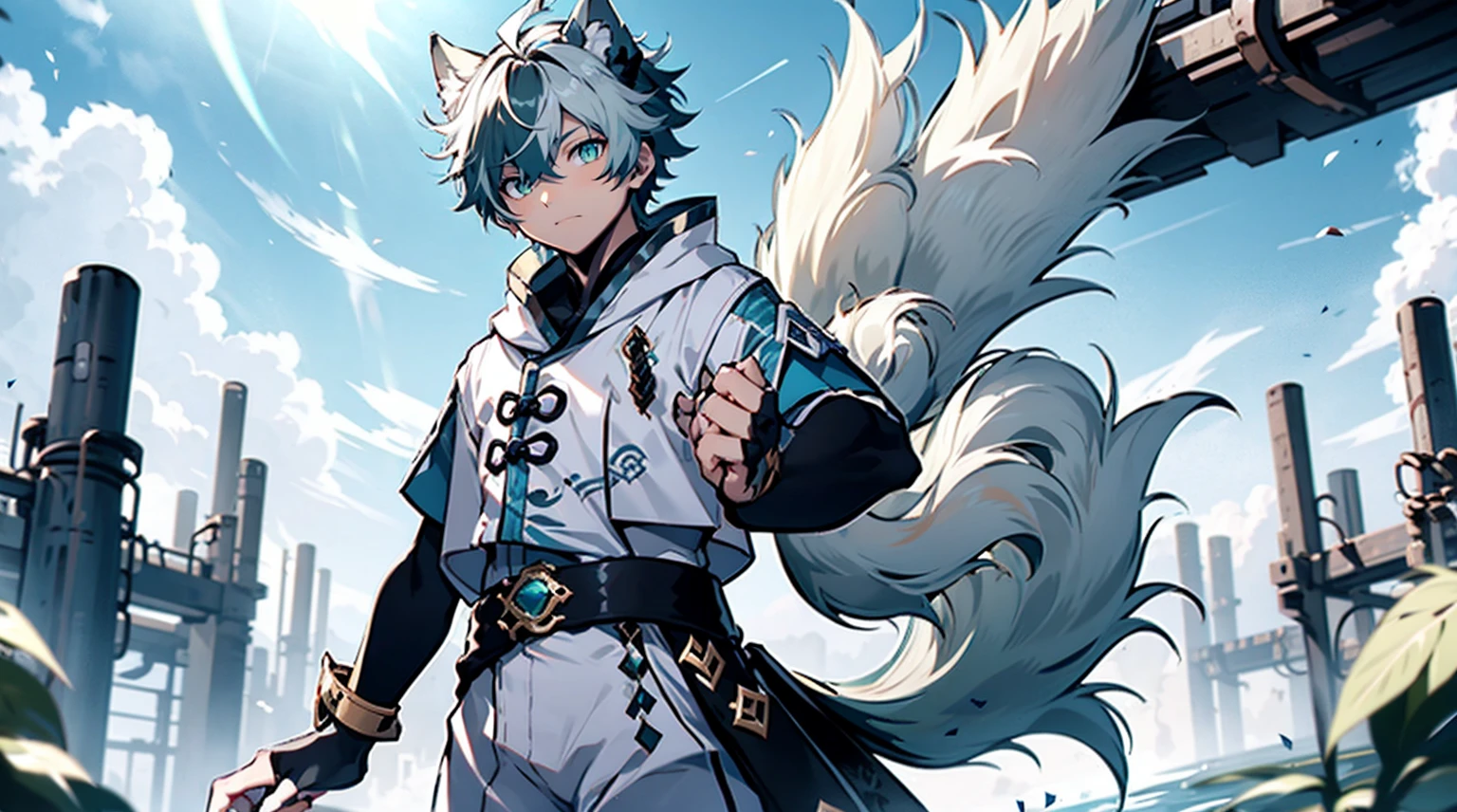 tmasterpiece, Best quality, The content is very detailed,Samoyed, human character, shaggy,Dogri),(clear green eyes), Character holding bow,black cat earlack hair, Black cat tail,(((Black sleeves))), white short sleeve,There are pockets,White cropped pants,Rotated,控制Eau量,luring,(((Eau))),Particles float,Ethereal power,Tornado video game Genshin Impact, genshin impact style,