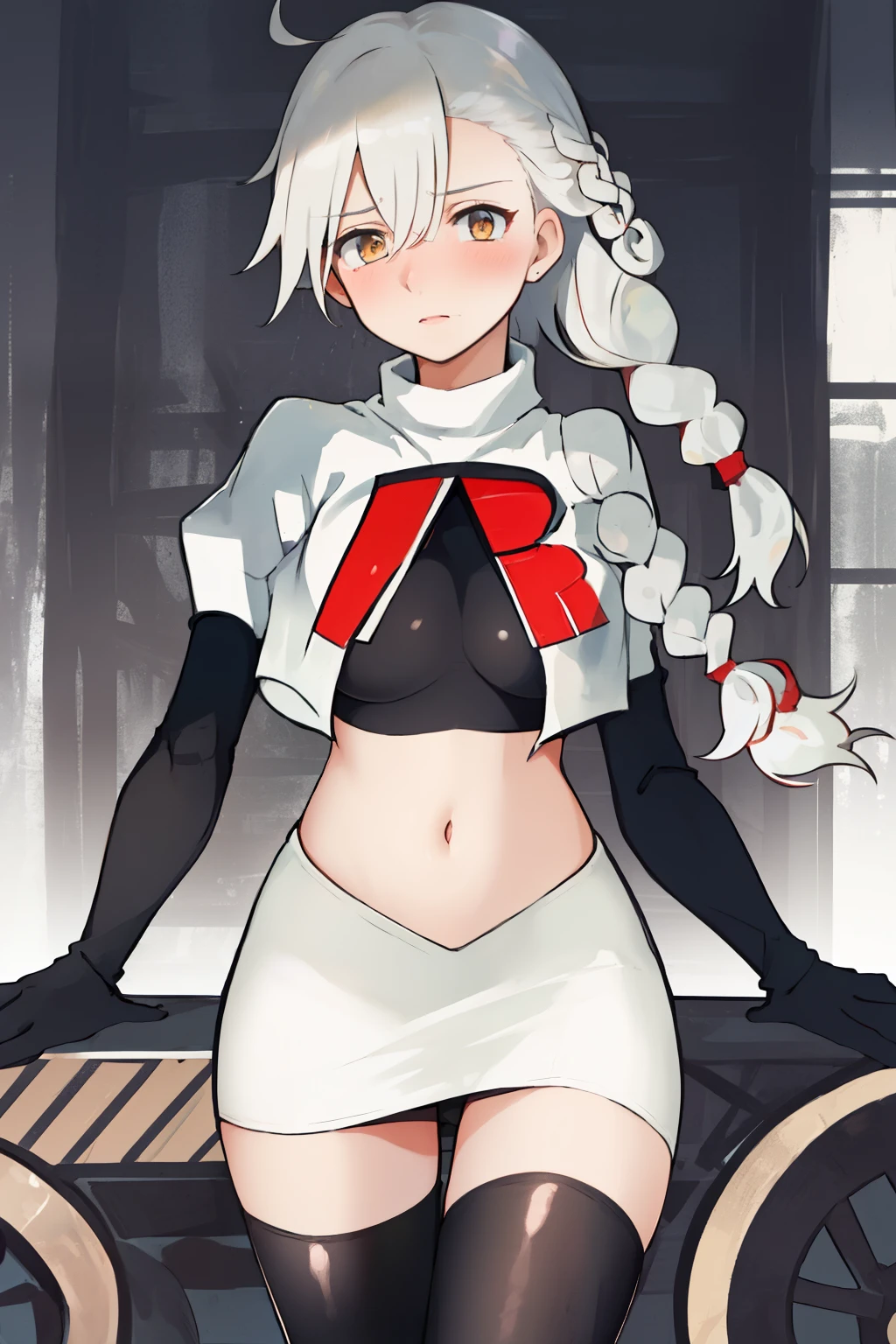 best quality, masterpiece, highres, solo, {olga_marie_animusphere_fgo:1.15}, long_hair, braid, white_hair, blush, yellow_eyes, ahoge, hair_between_eyes, breasts, grey_hair, 1girl, looking_at_viewer, side_braid, bangs, single_braid,team rocket,team rocket uniform,white skirt,red letter R,crop top,black thigh-highs,black elbow gloves,