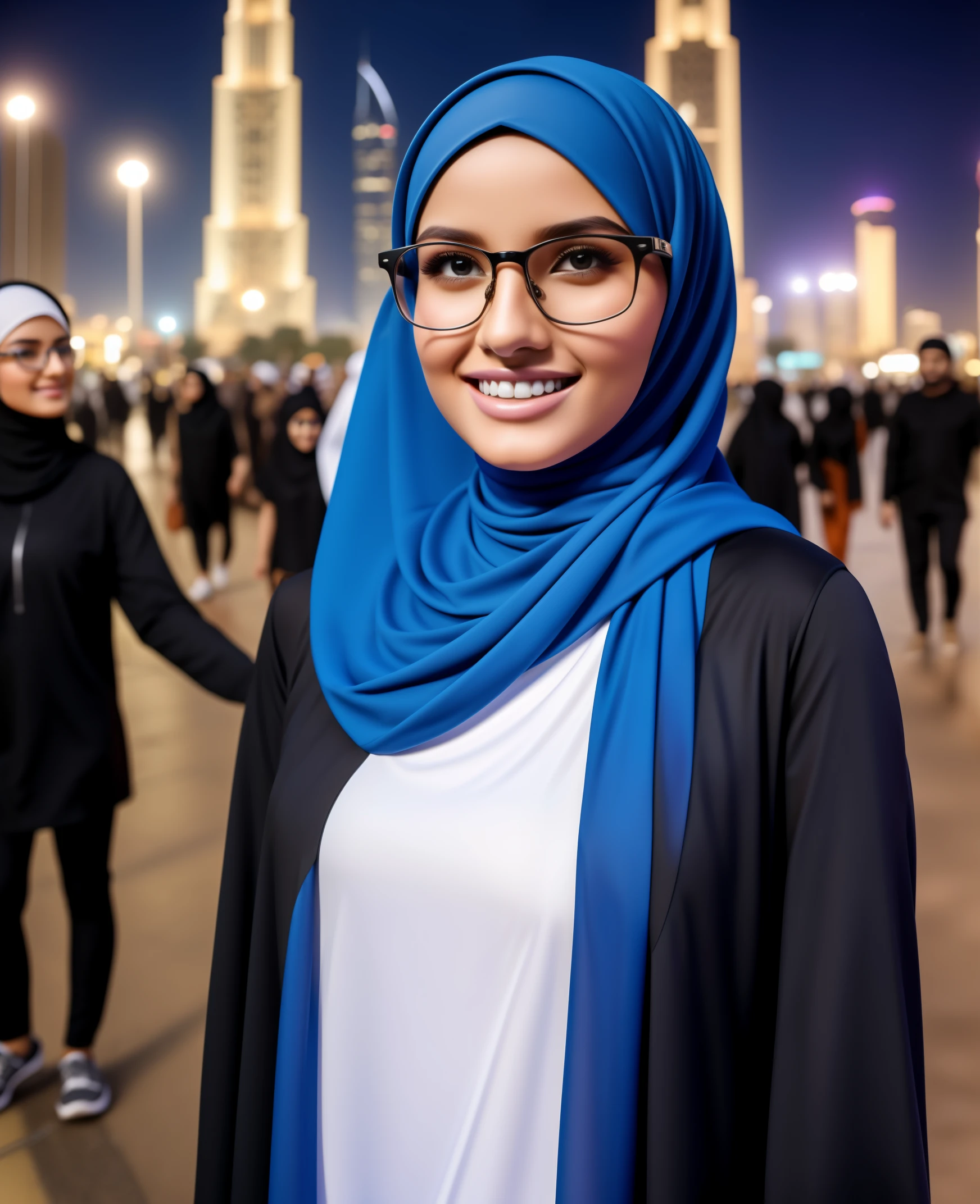 (Faraway view:0.9), ultra realistic,16k, enhanced quality, perfect face, perfect hands, perfect body, ultra detailed, perfect hair, girl wearing glasses, perfect glasses, perfect smile, ultra realistic, ultra realistic background, full body shooting, celebrating new year with children in the streets dubai, girl wearing perfect hijab,full body shooting, ultra realistic particles, perfect duck lips, full body shooting, Islamic hijab,