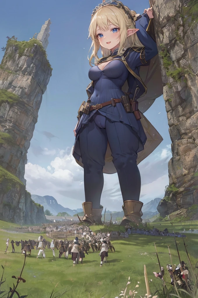 (medieval army:1.3), (simple mountain landscape background: 1.1), (hills:1.3), cliffs, (crowd of knights: 1.3), (from sky view: 1.3), mountains, simple background, (height_difference:1.8), (size_difference:1.5), (giantess:1.5), (foreshortening: 1.1), (adult woman: 1.4), (commoner clothes), , (girl on a cliff rear view: 1.3), (rear view: 1.3), professionally drawn, (huge breasts), (cleavage sweat), (anime drawing:1.1), (simple bold lines: 1.1), (anime:1.1), (very cute anime girl), (bright), (low contrast), (prettiest teenage girl), (mature face: 1.4), (tall girl with big breasts: 1.2), (crowds of armies: 1.6), cameltoe, (elfgirl)