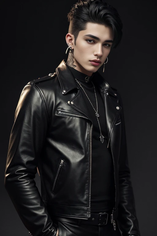 Handsome man, 18 years old, black leather clothing, gothic earrings, tattoos, night background