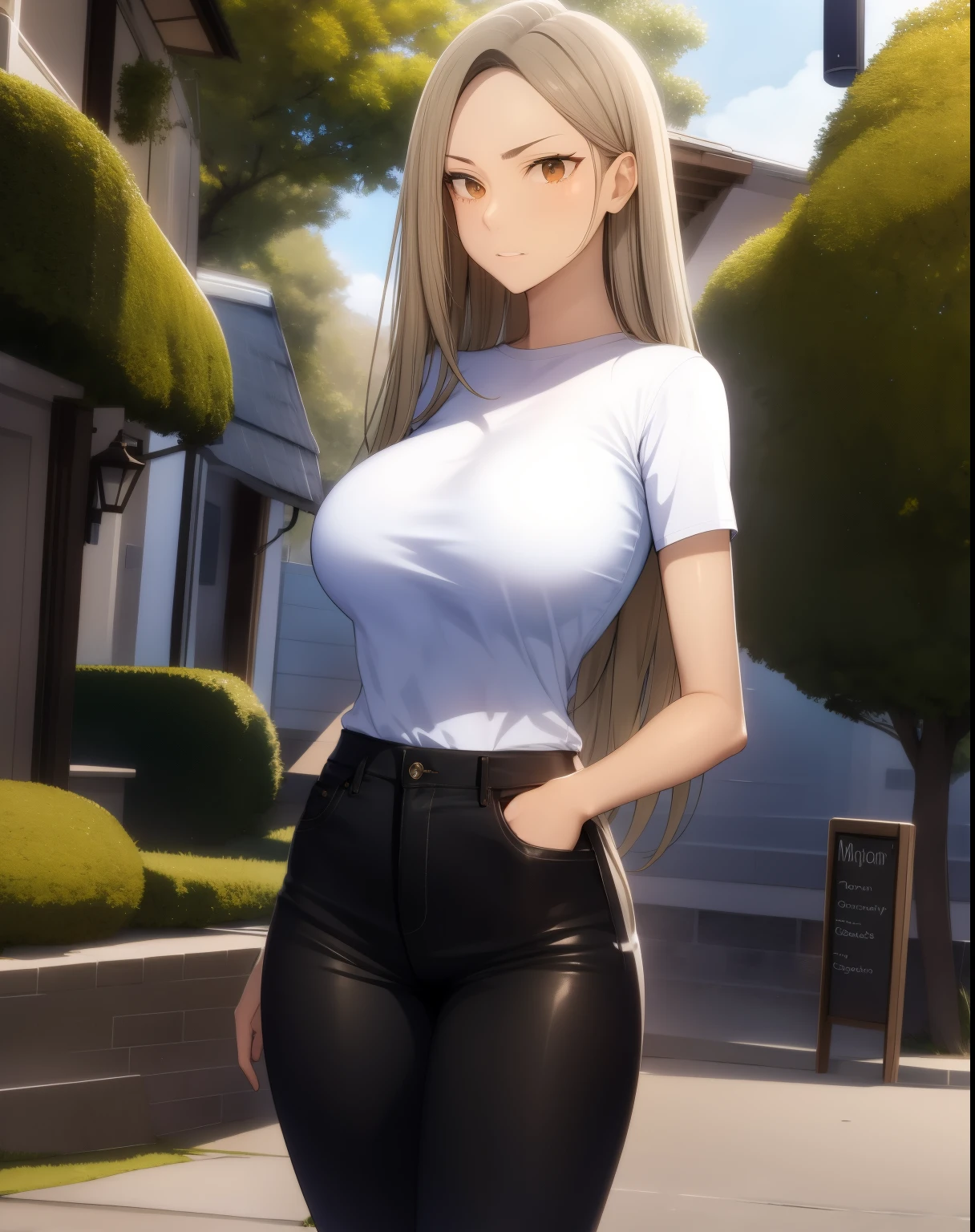 MiaCha, brown eyes, black jeans,,T-shirt, standing outside,