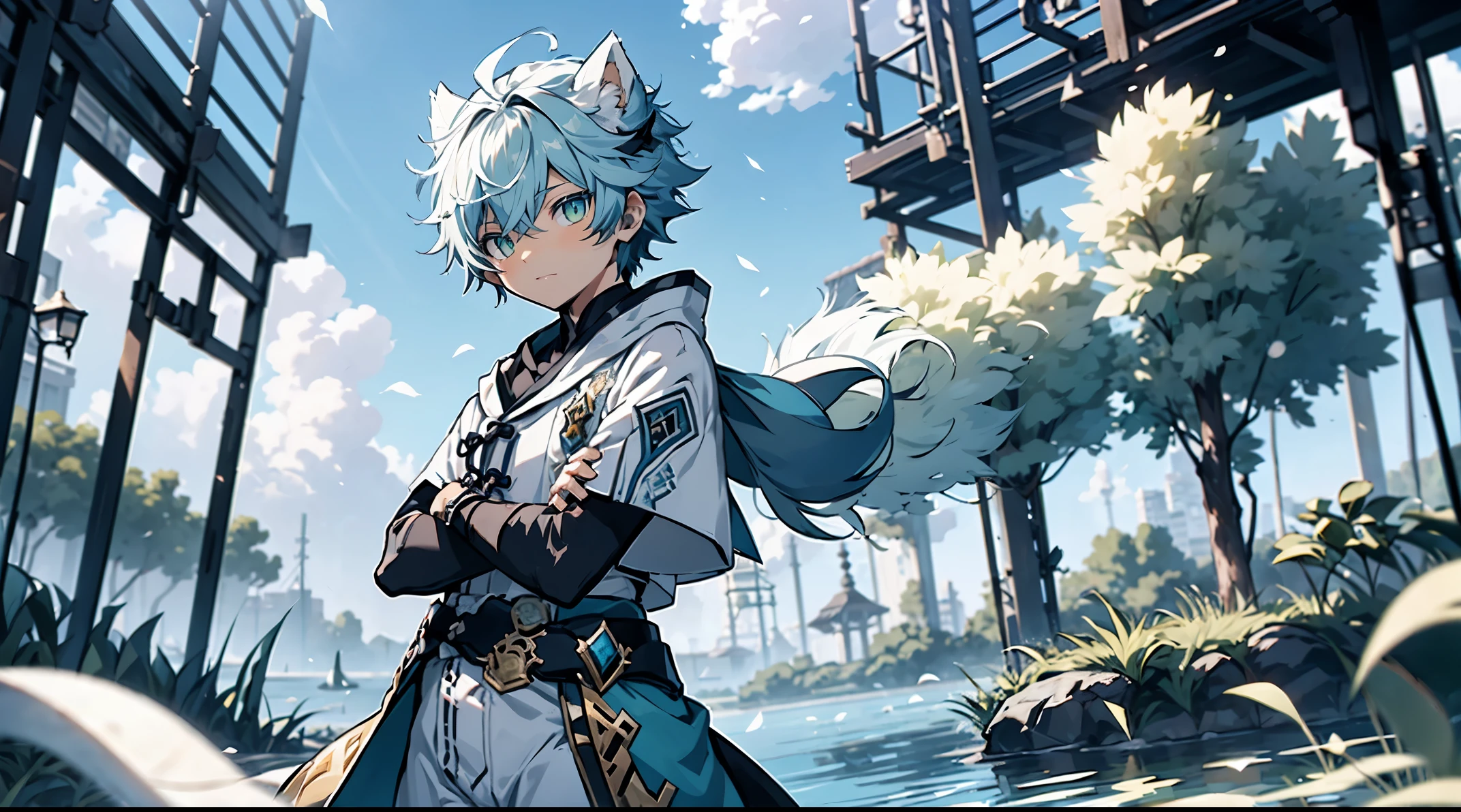 tmasterpiece, Best quality, The content is very detailed,Samoyed, human character, shaggy,Dogri),(clear green eyes), Character holding bow,Black earlack hair, Black cat tail,(((Black sleeves))), white short sleeve,There are pockets,White cropped pants,Rotated,控制Eau量,luring,(((Eau))),Particles float,Ethereal power,Tornado video game Genshin Impact, genshin impact style,