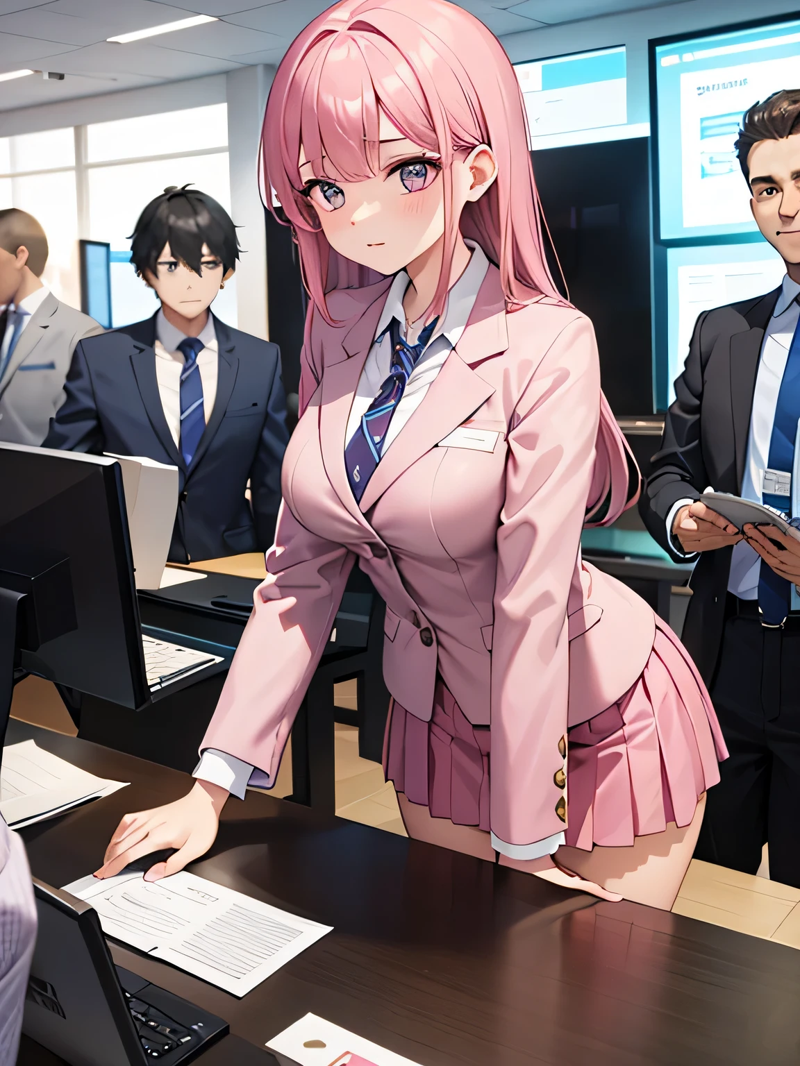 1,the woman is behind the counter、Men are huddled in front of the counter.
2,the woman is the receptionist, She is wearing a pink blazer and a pink skirt., And she treats men in a friendly manner.. 3,The man is an employee of the company, they are calling out to the receptionist.
3,One of the men is an employee of the company, and he invites the receptionist along.
4,The location is the company&#39;s large reception counter., The company logo is written in large letters on the back wall..