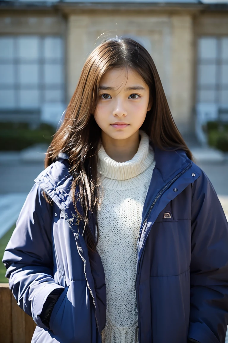 Wearing a down jacket、a beauty girl、15yo student、Wistful expression、