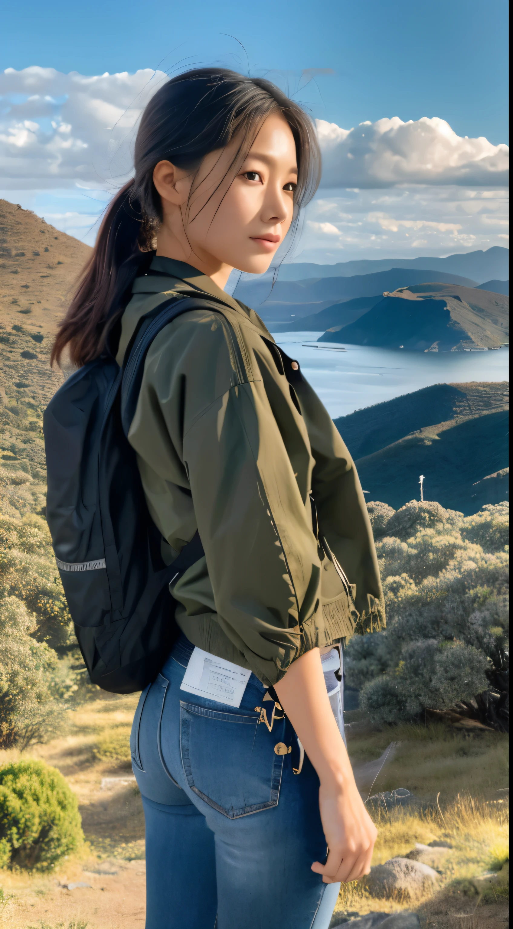 Close-up photo of an award-winning woman (SF Explorer:1.3) rider wear&#39;jacket and denim, [Style Psycho::10], Look out over a lush alien planet, (mountainscape:1.2) (tall grass:1.2), boulders,Highly detailed, Fine detail, (Convoluted:1.3), (Lens Flare:0.6), (Backlighting:0.8), Shallow depth of field,Full body high-definition painting,