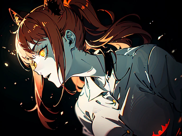 ((Masterpiece)), ((pale skin)), (bokeh effect), (Dynamic Angle), red hair, (Glowing_eyes:1.4), Yellow_eyes, (Horror:1.4), (血:1.2), (Dark:1.4), ((独奏)), pony tail
