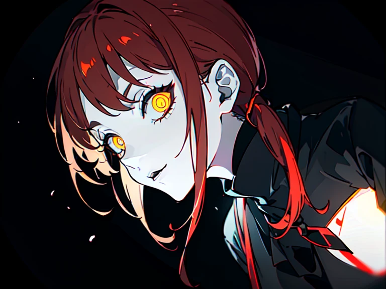 ((Masterpiece)), ((pale skin)), (bokeh effect), (Dynamic Angle), red hair, (Glowing_eyes:1.4), Yellow_eyes, (Horror:1.4), (血:1.2), (Dark:1.4), ((独奏)), pony tail