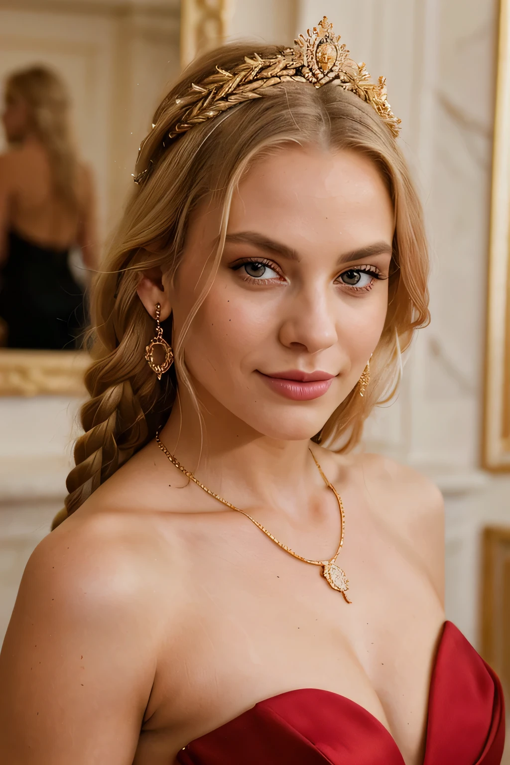 award winning glamour photograph,((best quality)), ((masterpiece)), ((realistic)), piercing eyes, very happy, blonde hair, quad braids, slim waist, afternoon light, at a party at night, ((night time)), wearing a red dress with a gold necklace, candid photo, iphone 12 photo, marble walls, luxury, people in the background, close up, pov, wearing a crown