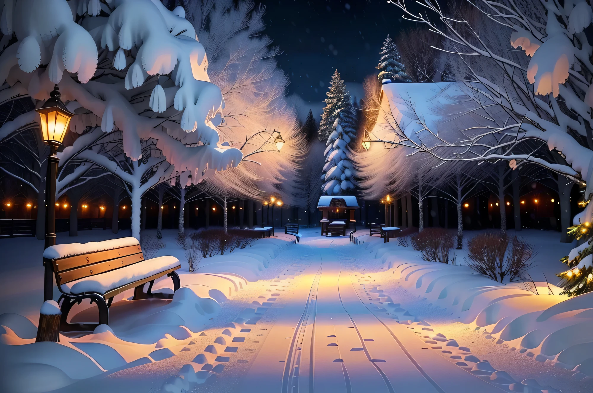 snowy path with benches and string lights in a park, snowy winter christmas night, light snowfall, cozy lights, winter setting, beautiful winter area, snowy night, snowfall at night, snowy winter scene, winter scene fantasy, winter wonderland, cosy enchanted scene, winter night, fairy lights, snowy winter, winter atmosphere, perfect lighting in a snow storm, glowing snow, cozy setting