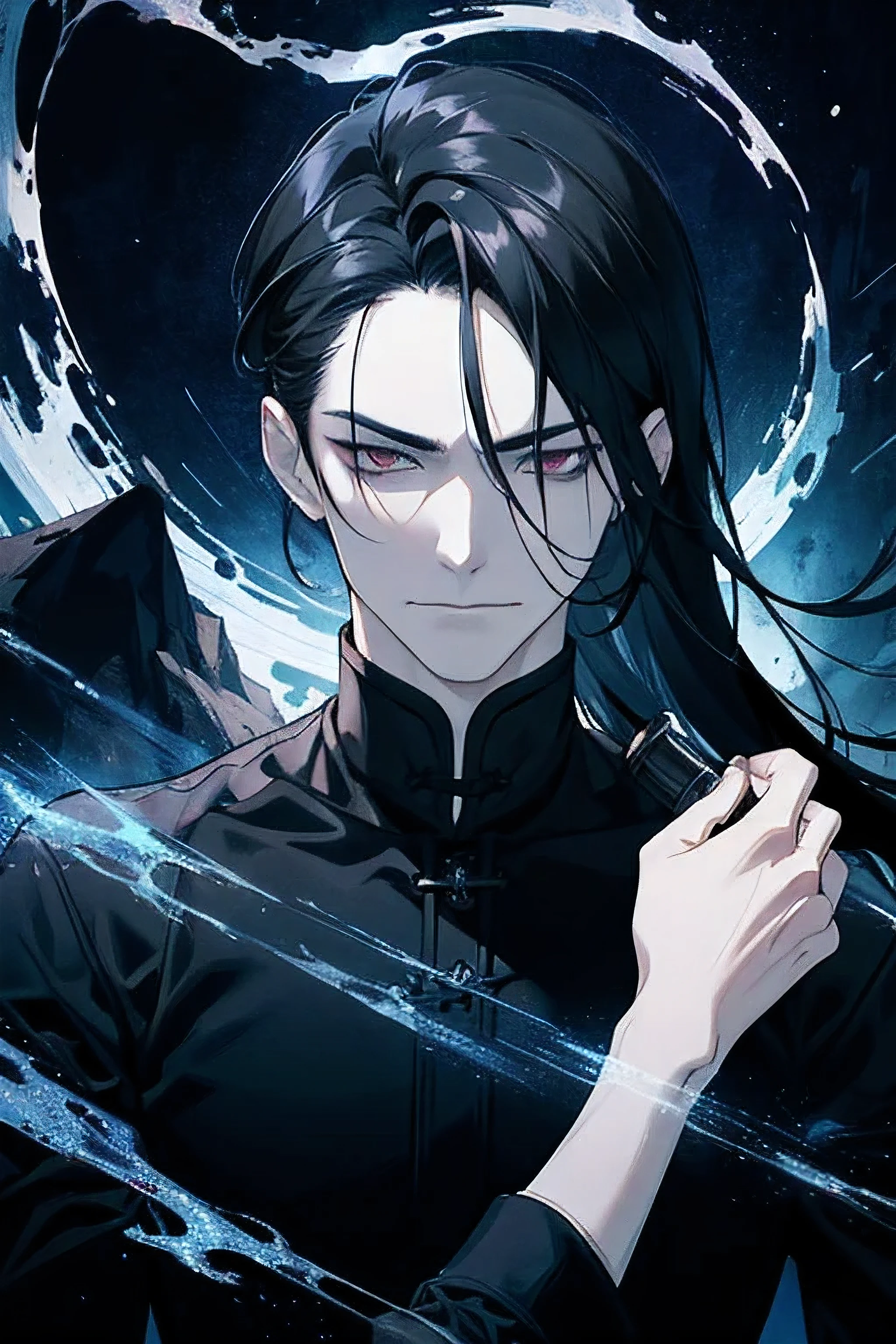 Masterpiece, Best quality, 1 homme, adulte, 25 ans, mauvais look, mauvais smile, mauvais, yeux blancs, Dark Hair, cheveux longs, front plie, visage vicieux, dark themed, In space, Face avant, Brouillard flottant autour des personnages, mains libres, (Haut du corps)