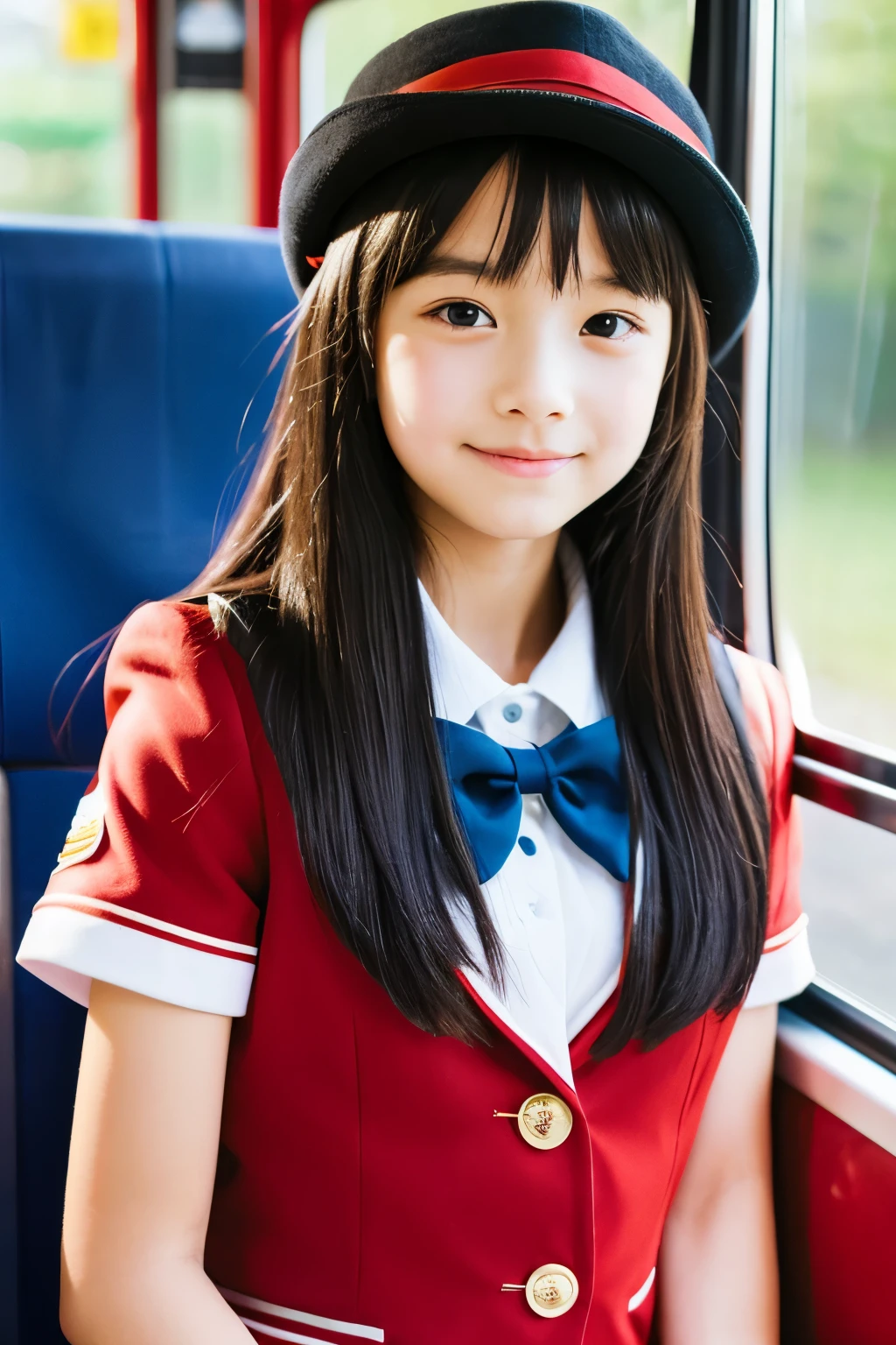 1girl solo,masterpiece,high quality,high detailed,Bus guide with a 's face,Uniforms and red Hats,shoulder-length black hair