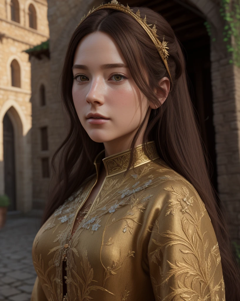 4k, realistic, very detailed, wide angle lens, medieval town, vibrant, fantastical plants, anime background, concept art, realistic lighting, epic composition, diffuse, (masterpiece, best quality), super hd, 32k , Detailed and realistic portrait of a woman  (Masterpiece, realistic:1.3), (extremely intricate:1.2), (photorealistic:1.4), (extremely delicate), (ultra realistic:1.3), (hyperrealistic 3D render) --v 6