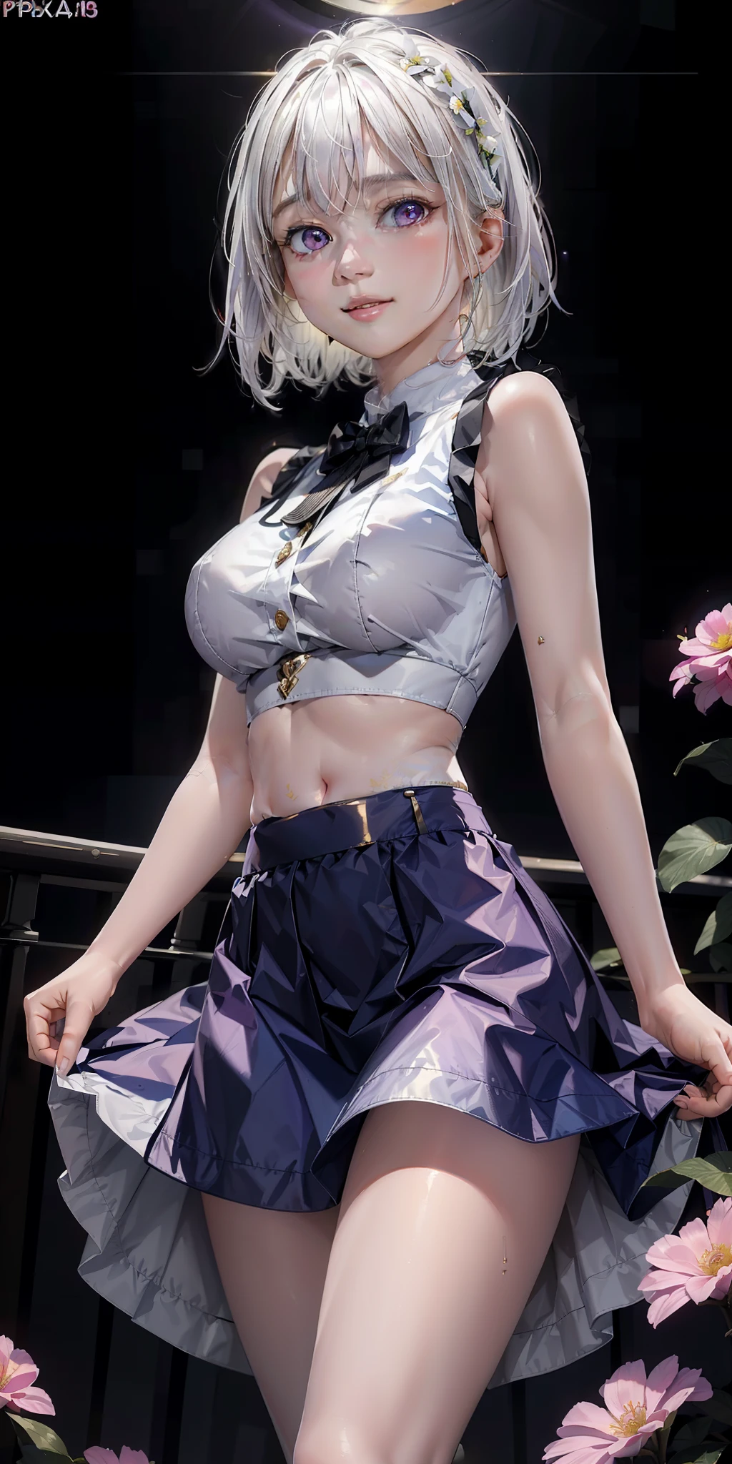 realistic, 1girl, white hair, purple eyes, glowing eyes, crop top, skirt, parted lips, blush, night, flowers, sun, sunlight,