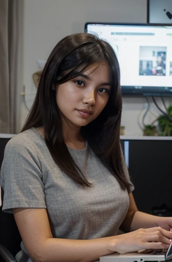 blurry background. blur background, malay girl with fair skin, straight hair, black hair, brunette, beautiful young girl, with cute - fine - face, cute young woman, cute beautiful, girl next door innocent look, cute young girl, large breast, sitting next to laptop, notebook , laptop trading, trading notebook, trading forex, metatrader , tradingview, short arm sleeve , araffe woman in a grey dress posing for a picture in her apartment