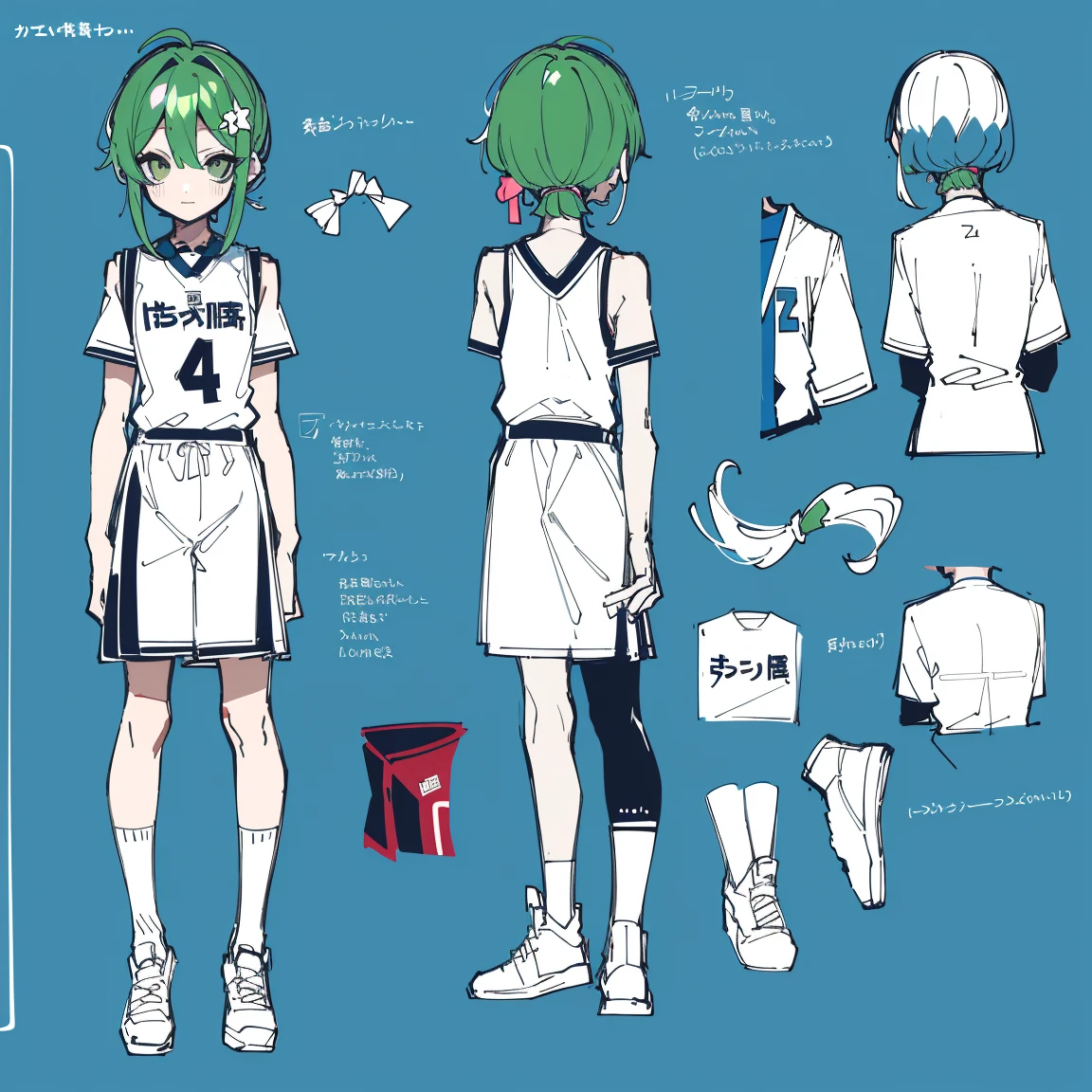 2 d anime style, anime art style моэ, Jazz & Sublime, cute art style, Иллюстрация in anime style, anime girl, Author: Kamagurka, at pixiv, pixiv style, pixiv, in anime style, anime art style, Full Body Commission, The same character, absurdress,,Full of Details, ((Character design sheet,same character,front,side,backboollustartion, shoulder-length hair, basketball uniform
