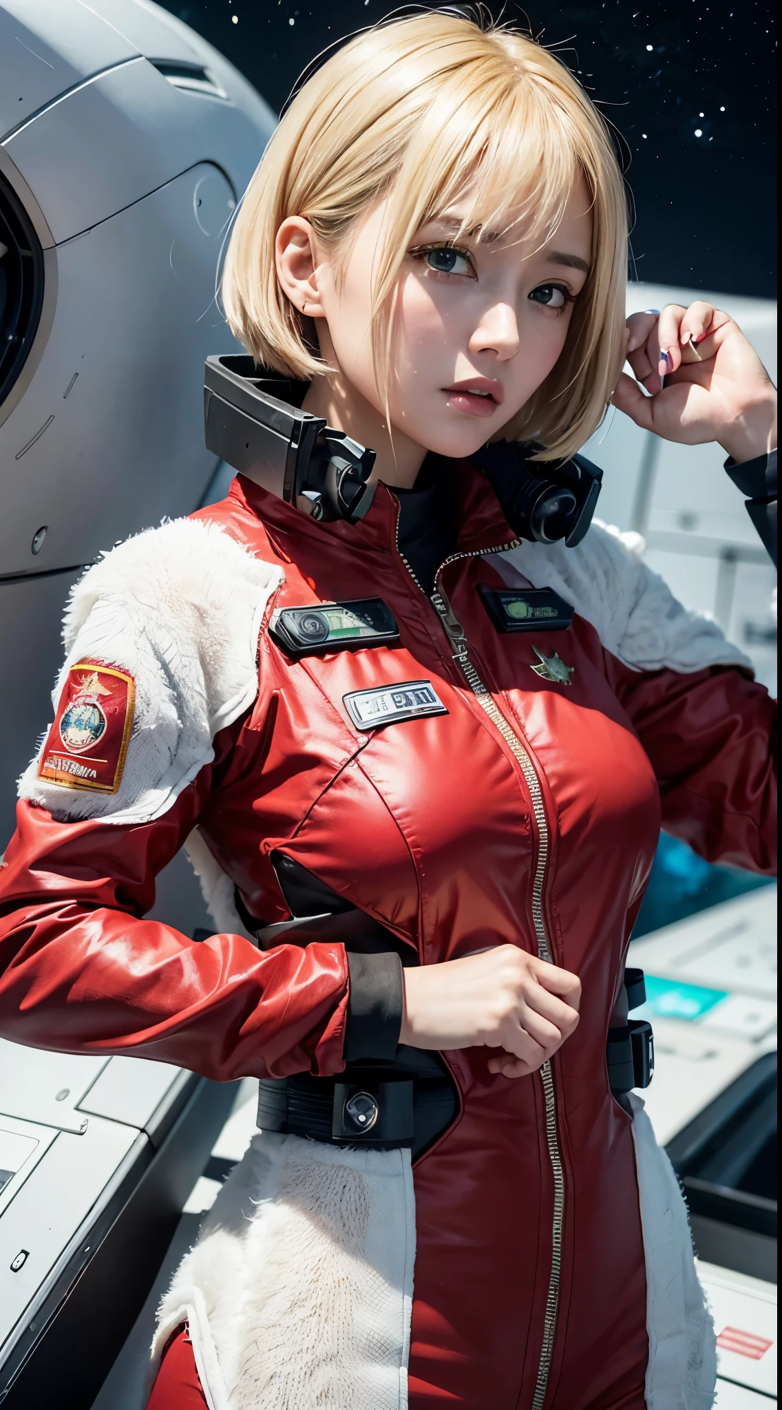 (hyper realstic)、Future Female Pilots、
immensity Beautie high-level image quality hight resolution Realistic Shorthair a blond、 a blondの女性、A MILF、Middle-aged woman、((Big big))、detailed skin textures、超hight resolution、Realistic、Voluptuous body shape、angry looking face、Middle-aged beauty、Beautiful expression、Detailed green ironed fluffy hair、Kamimei、非常に繊細でdetailed skin textures、35A woman piloting a giant space station)、female pilot batlight red lips、((Wear a red flight suit))、(((Alone)))、