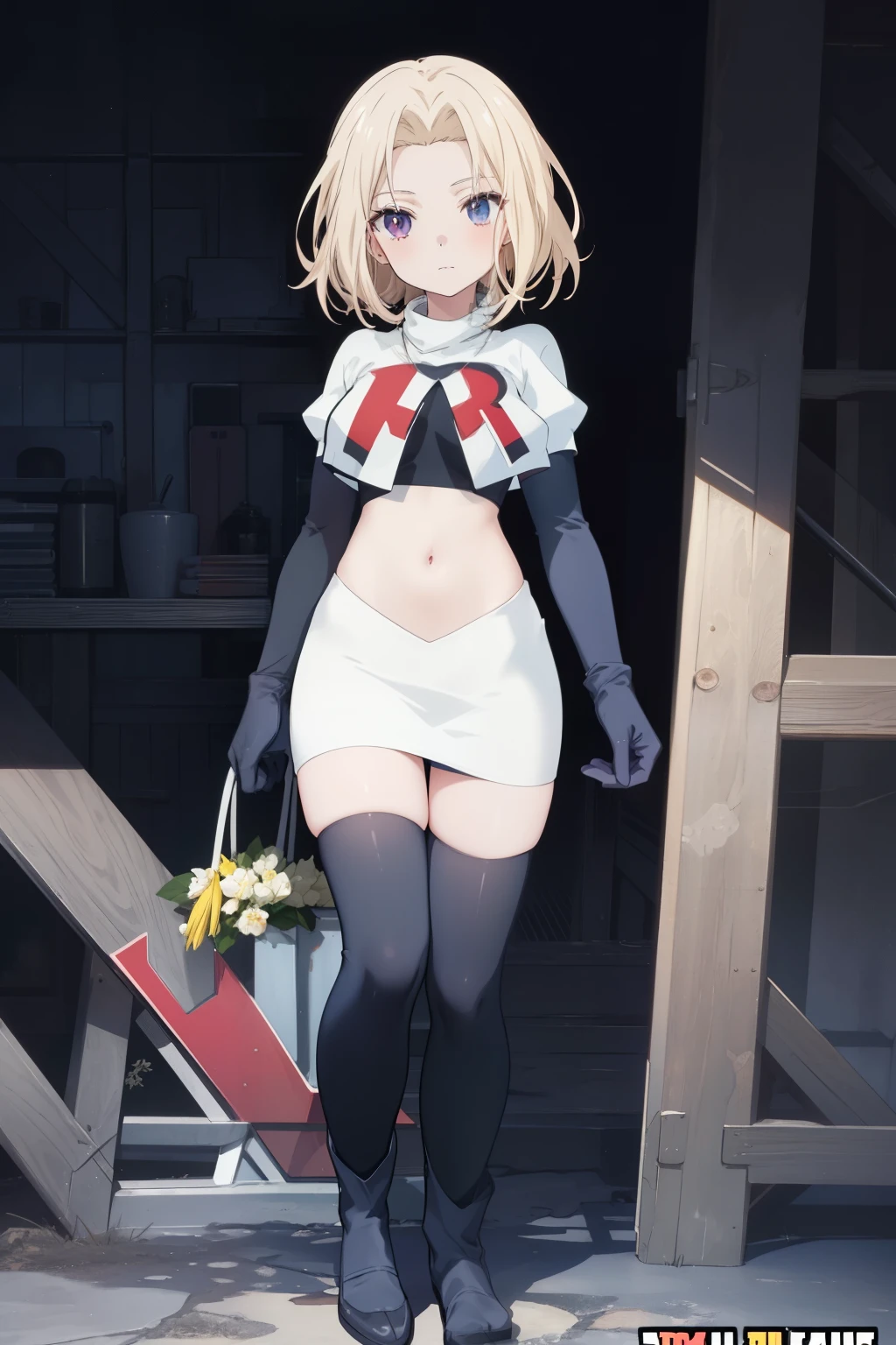 anime,(masterpiece, top quality, best quality, official art, beautiful and aesthetic:1.2), (1girl), full body,extreme detailed,highest detailed, team rocket,team rocket uniform,white skirt,red letter R,crop top,black thigh-highs,black elbow gloves,