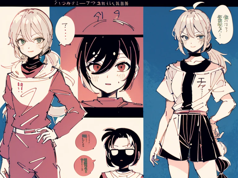1girl in, ((Character information)、(Chara Leaf)、Type sheet, Character Sheets, Three types，Shot Full Body，Game Character Design，Colorful, Bright, hairlong, pony tail, shoulder-length hair, baseball uniform