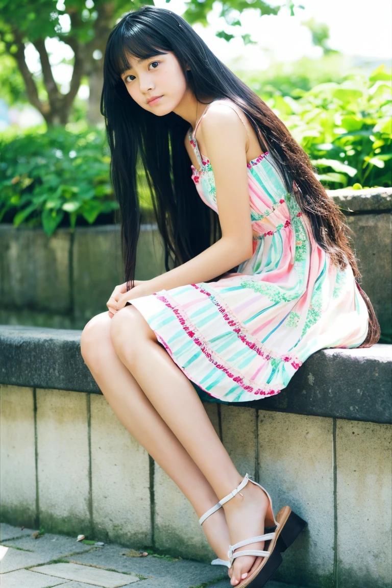 Beautiful girl wearing a summer dress、、Long black hair、japanes、(heavy wind)、Wistful expression、Spinning、sandal、