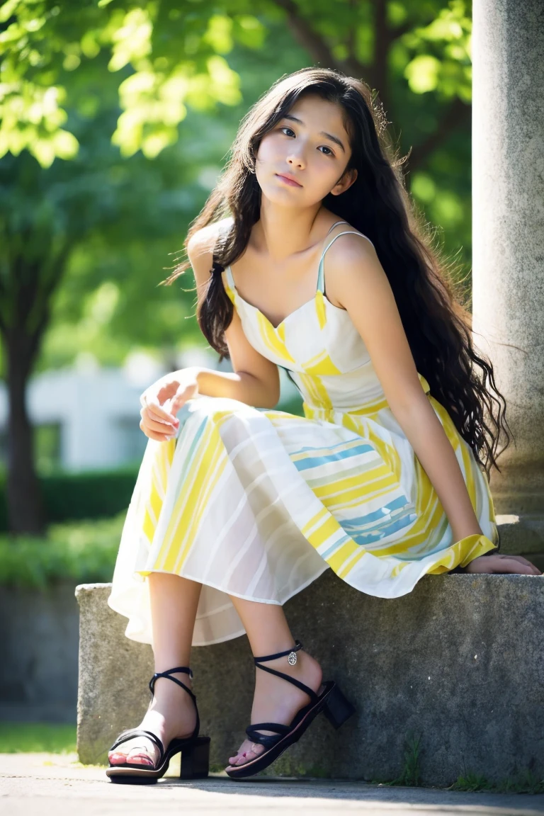 Beautiful girl wearing a summer dress、15yo student、Long black hair、japanes、(heavy wind)、Wistful expression、Spinning、sandal、
