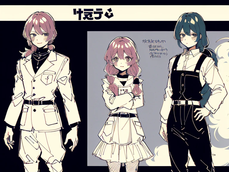 1girl in, ((Character information)、(Chara Leaf)、Type sheet, Character Sheets, Three types,Shot Full Body,Game Character Design,Colorful, Bright, hairlong, shoulder-length hair, baseball uniform