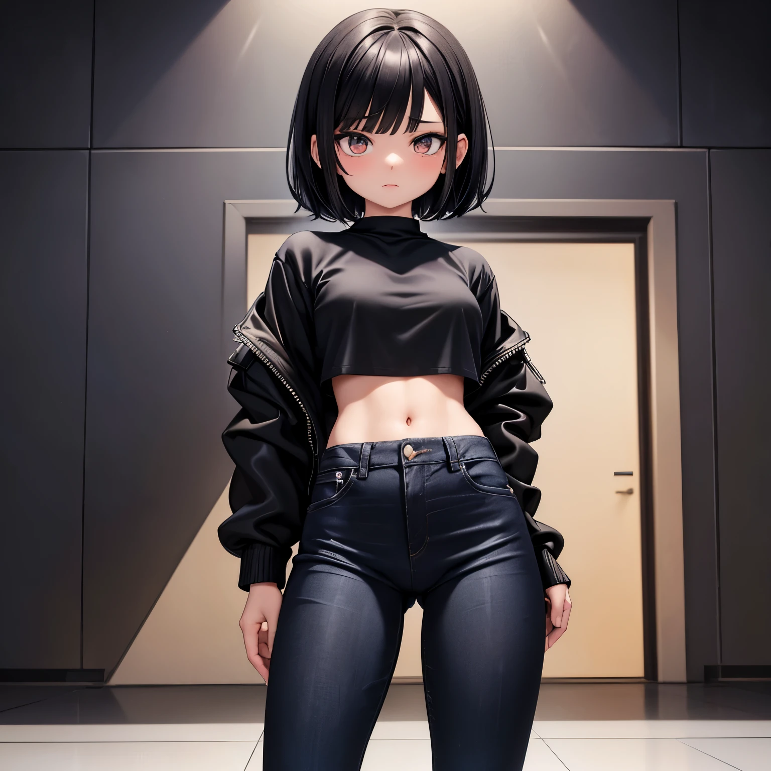 Anime girl , she is 19 years old, dark black short hair ,dark narrow black narrow eyes, super tight jeans, her pussy details appears behind the tight jeans ,she is so sexy and pretty with pretty small boobs, big navel , crop top white above it a black bump jacket , she has  hygienic asian face, make only one girl in every photo